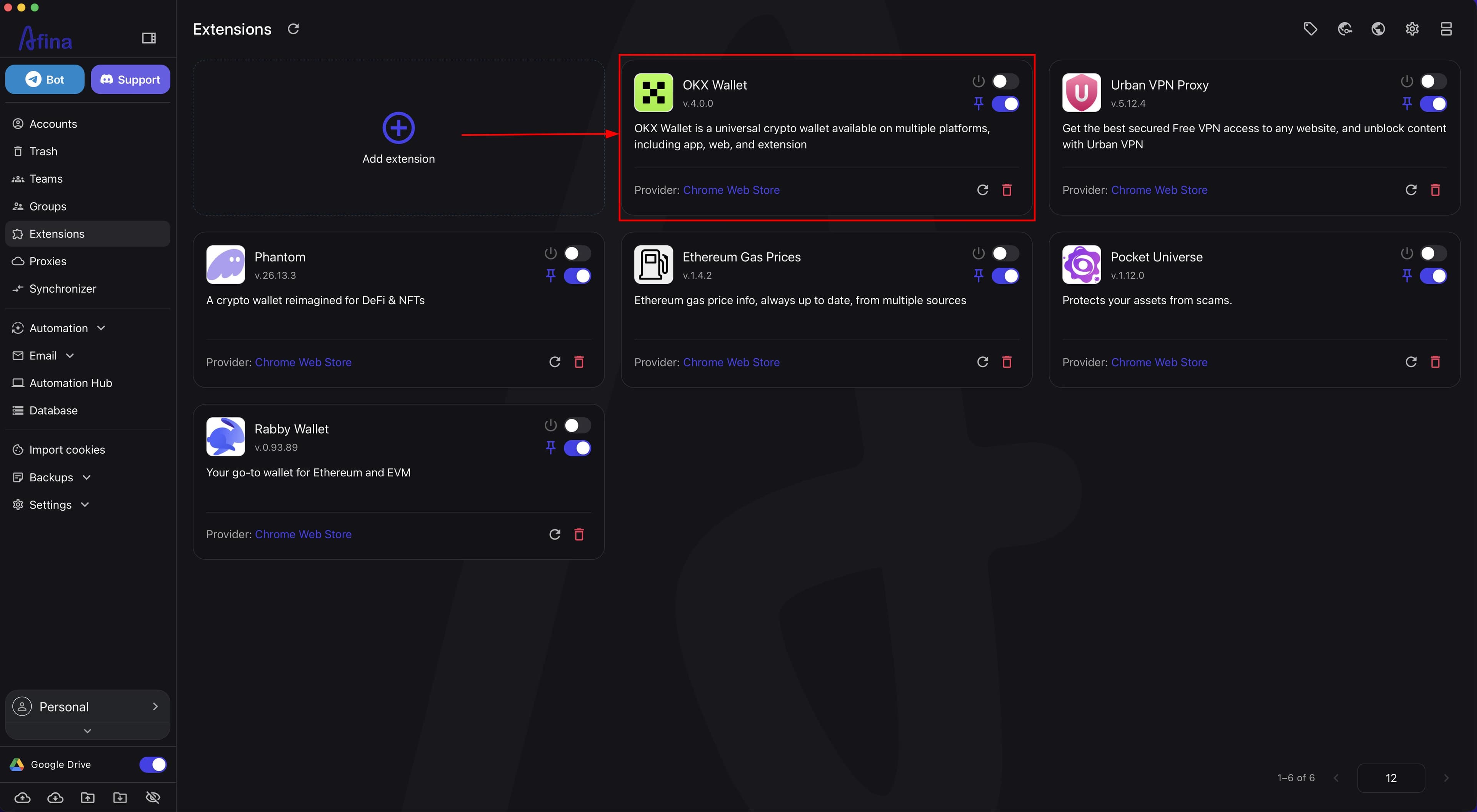 Extension card with icon version description provider enable toggle pin toggle update and delete