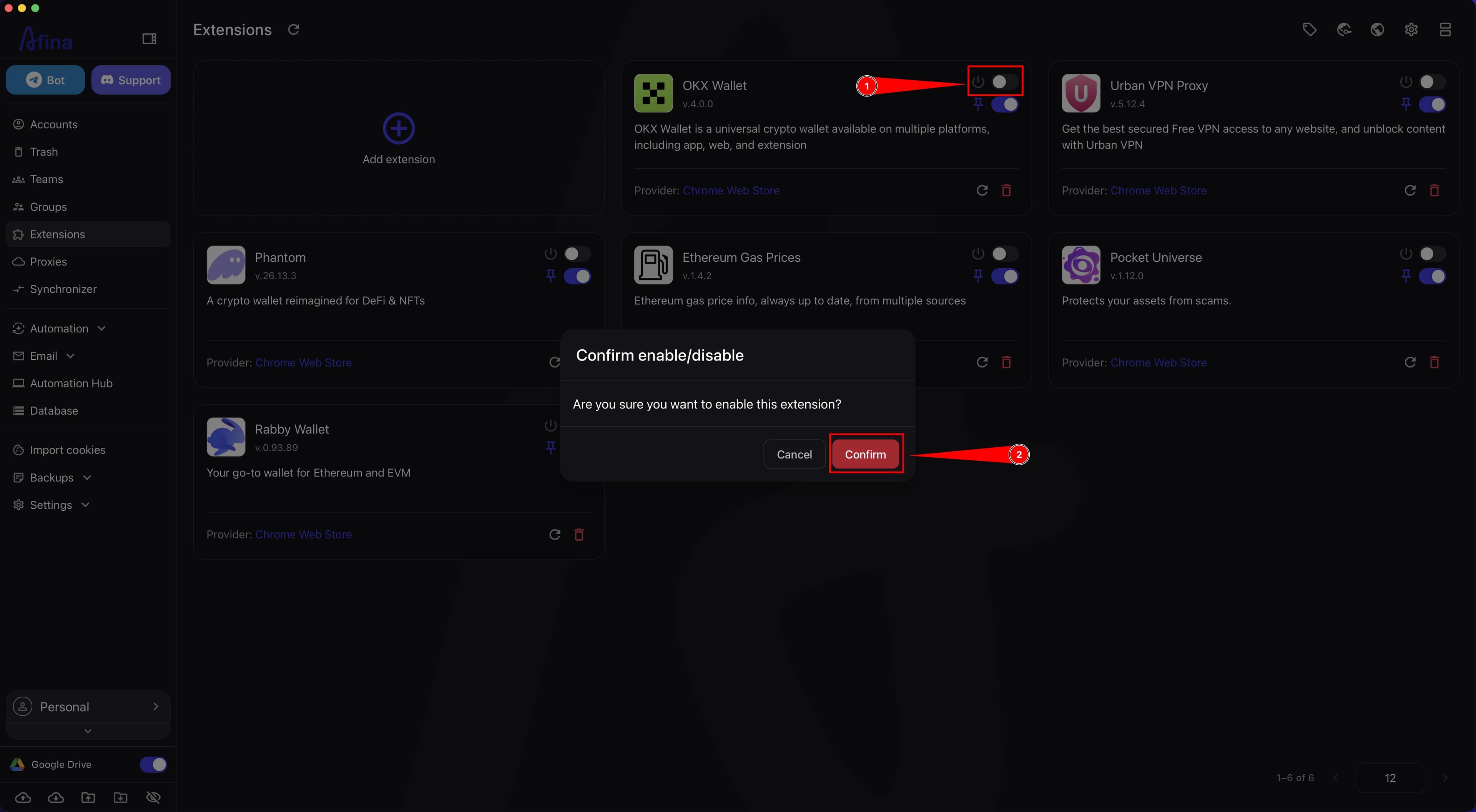 Enable toggle on the extension card and Confirm enable disable window