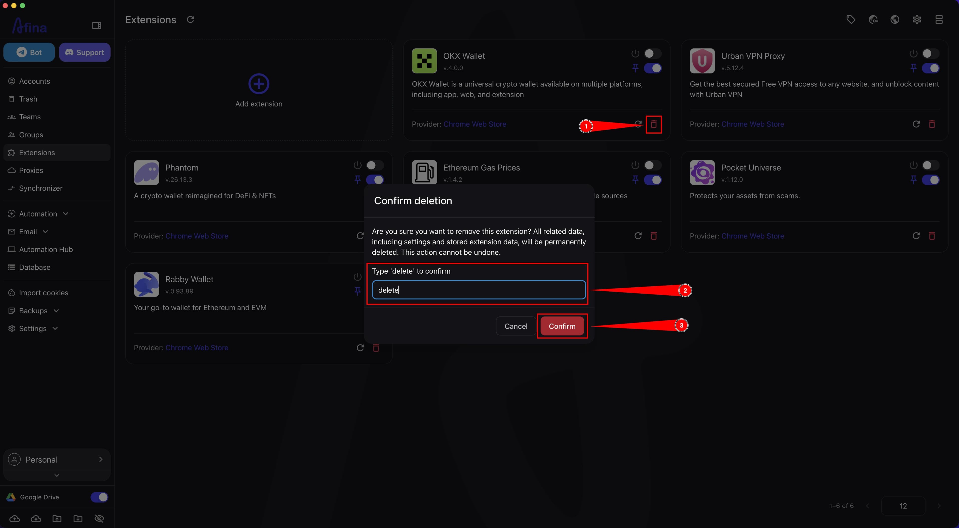 Delete icon on the extension card and confirmation window with the word delete entered