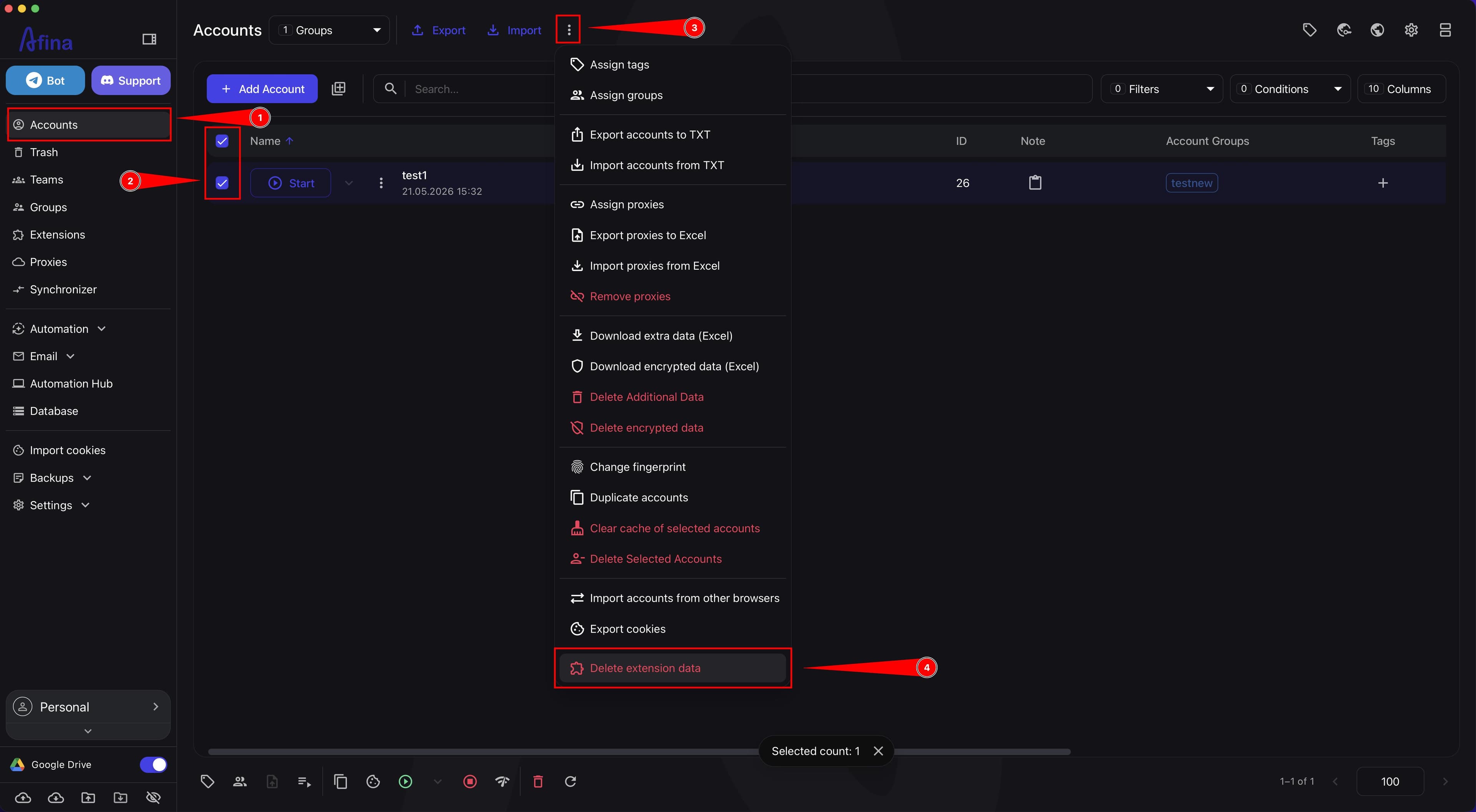 Accounts section with a selected account and Delete extension data action in the bulk actions menu
