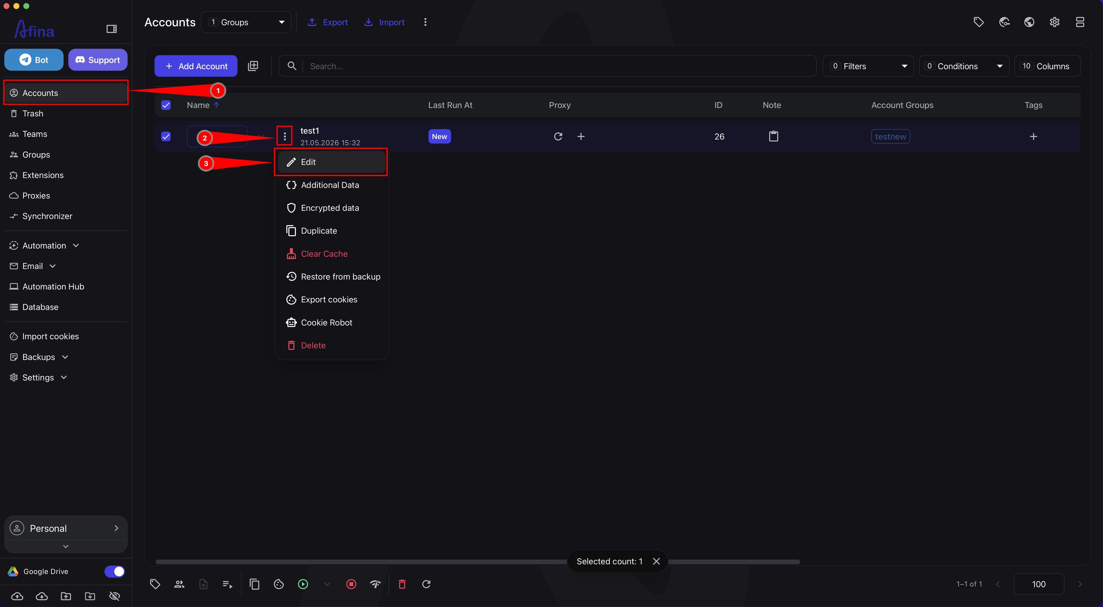 Accounts section with account action menu open and Edit item selected