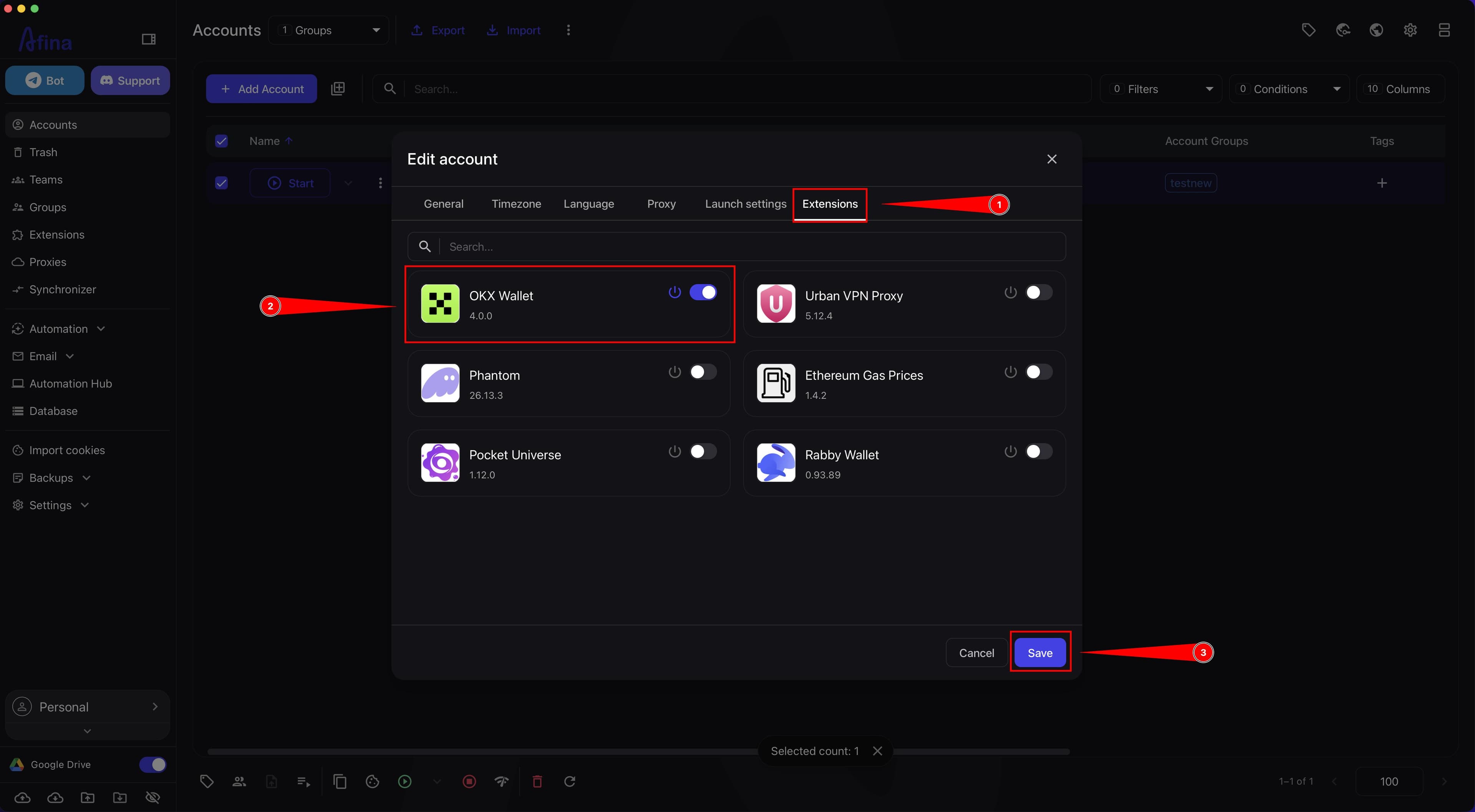 List of extensions in the Edit account window with toggles and Save button