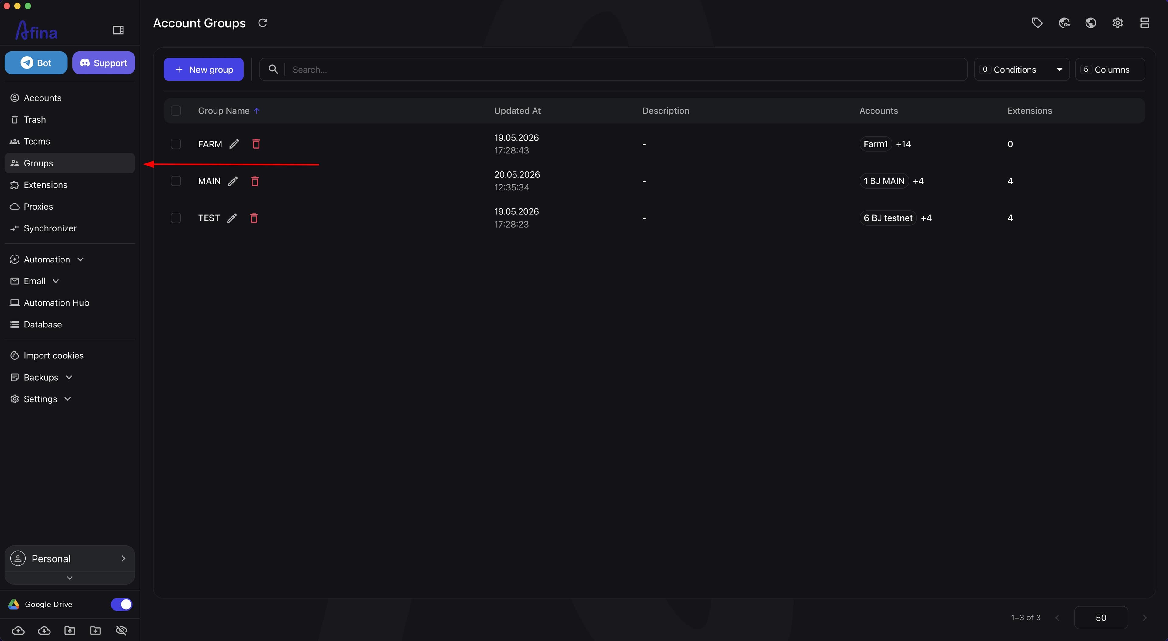 Groups section in the left navigation panel