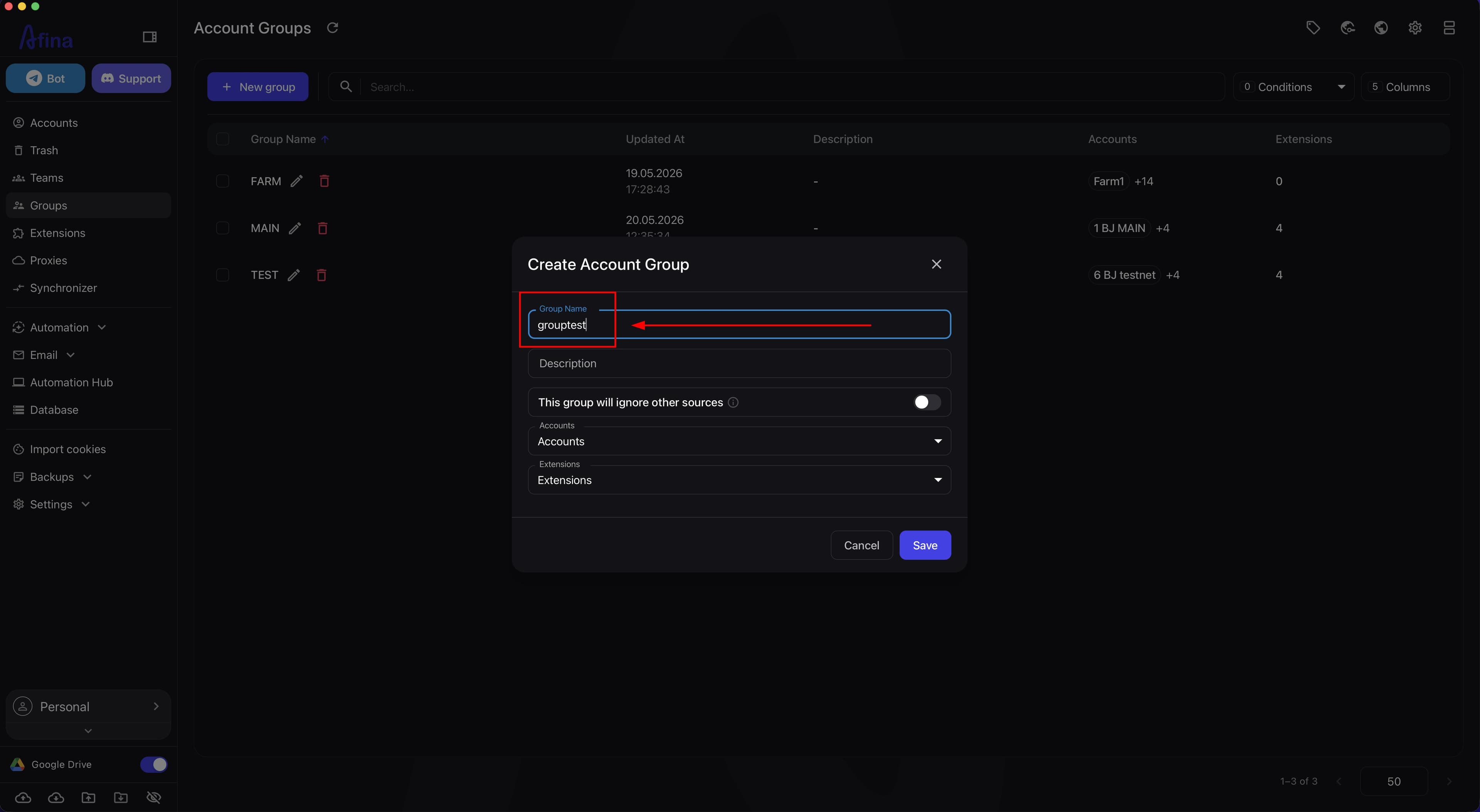Create Account Group window with the Group Name field