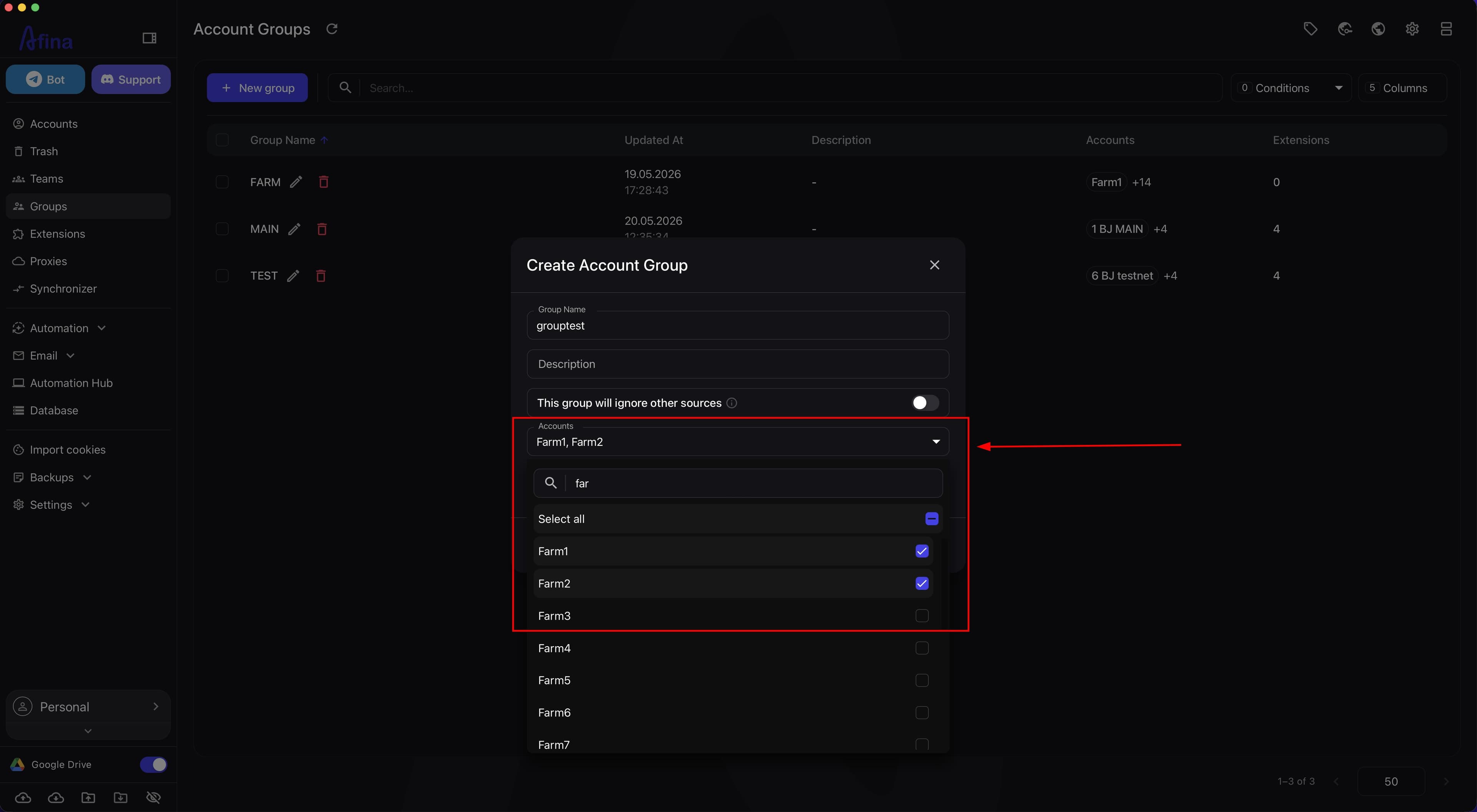 Accounts dropdown in the group creation window