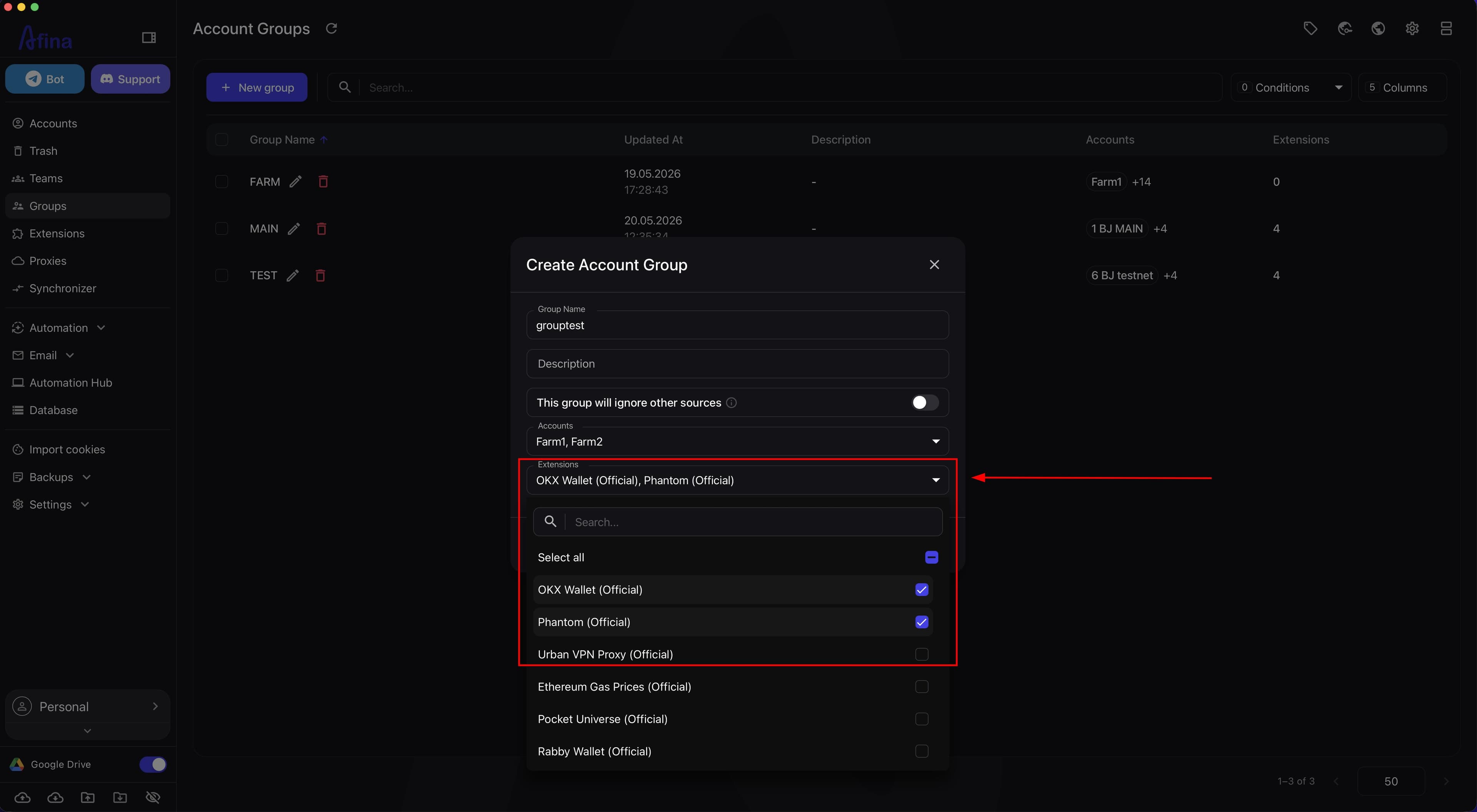 Extensions dropdown in the group creation window