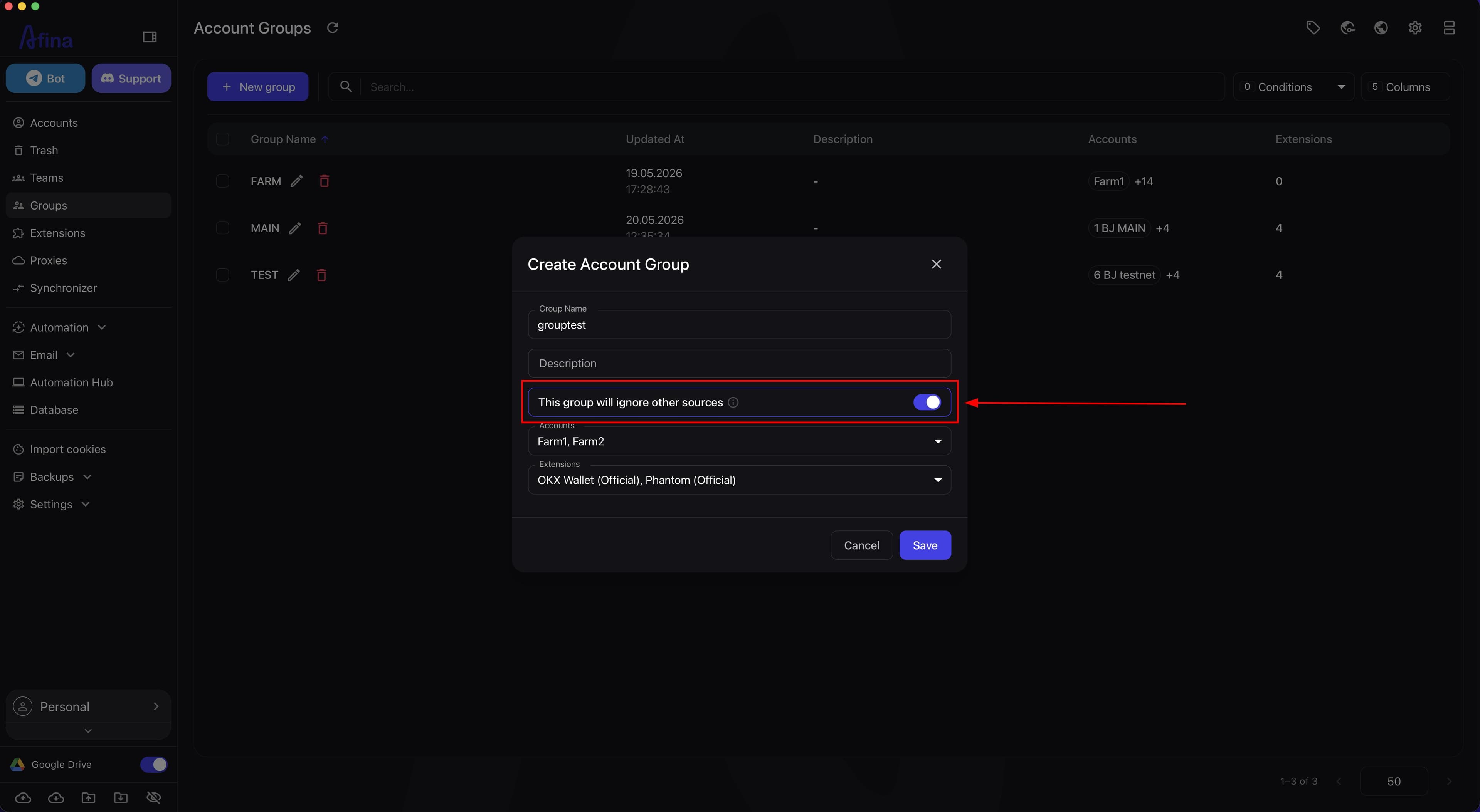 Enabled This group will ignore other sources toggle in the group creation window