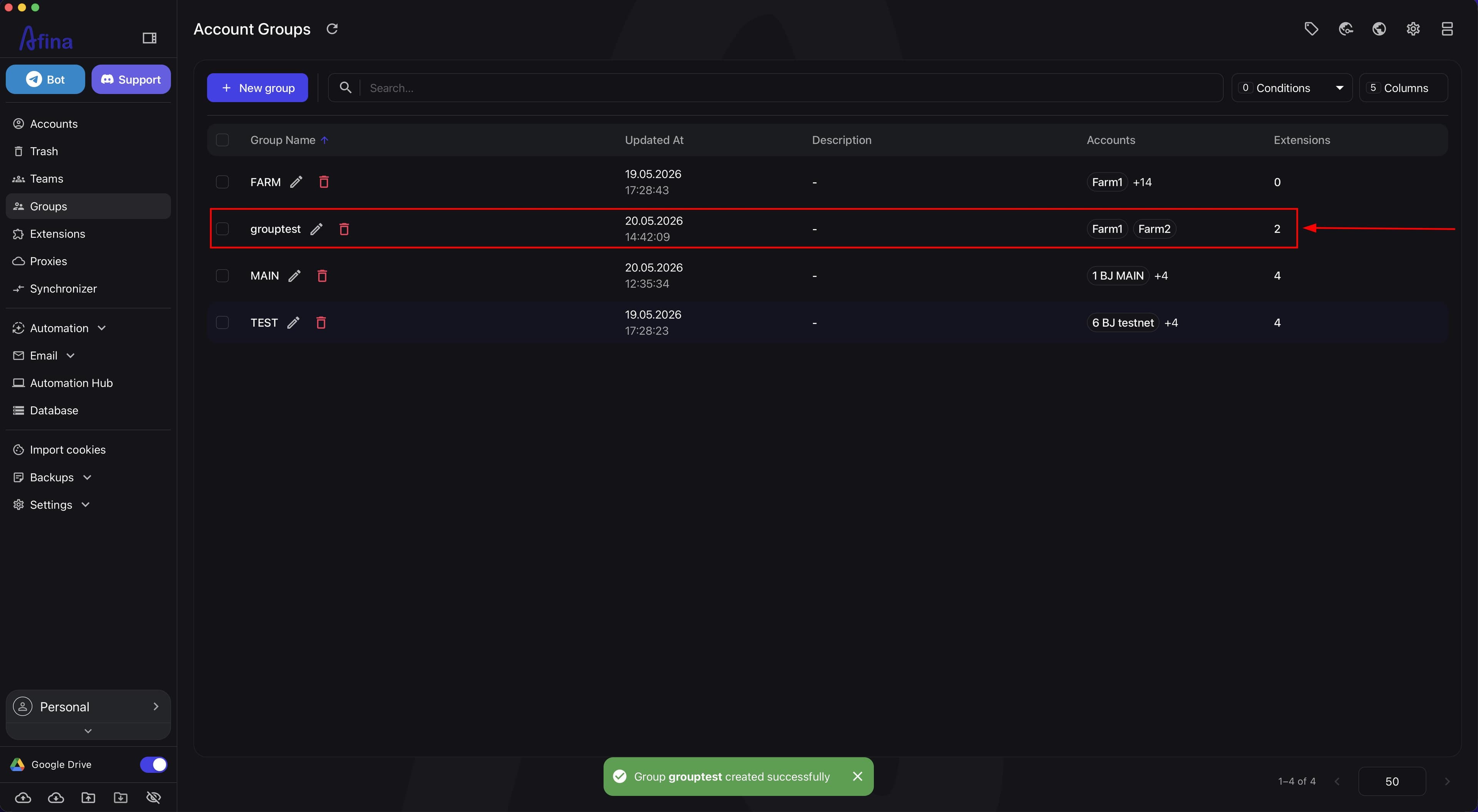 New group row in the account groups table