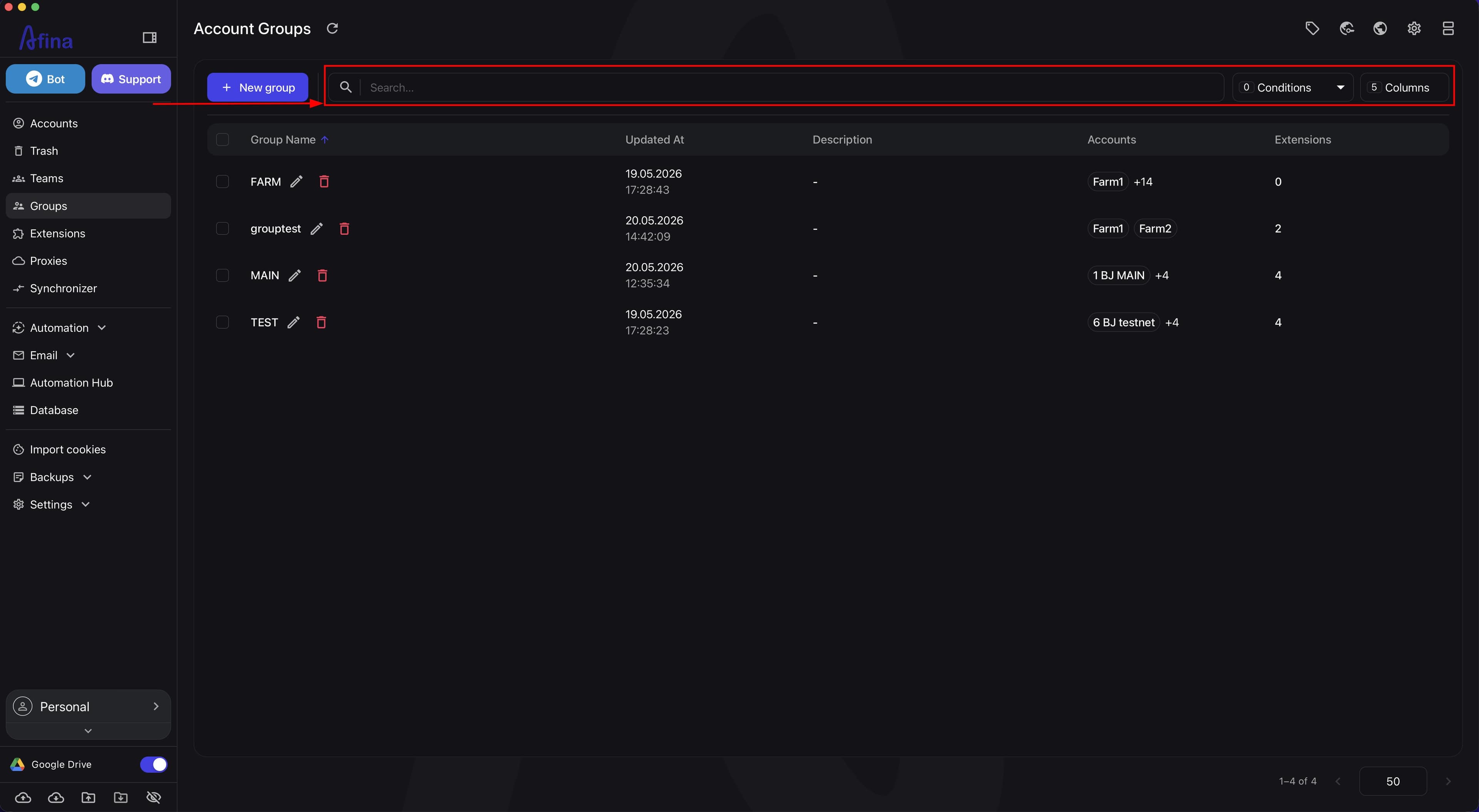 Search field Conditions button and Columns button in the top panel of the Account Groups section