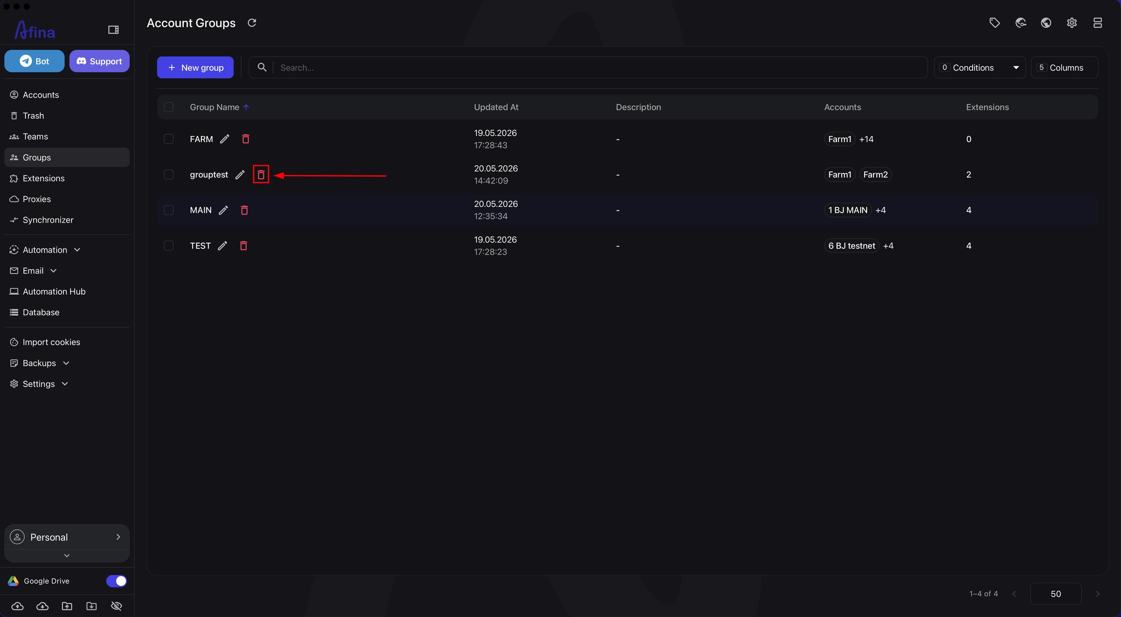 Group delete icon in the table row