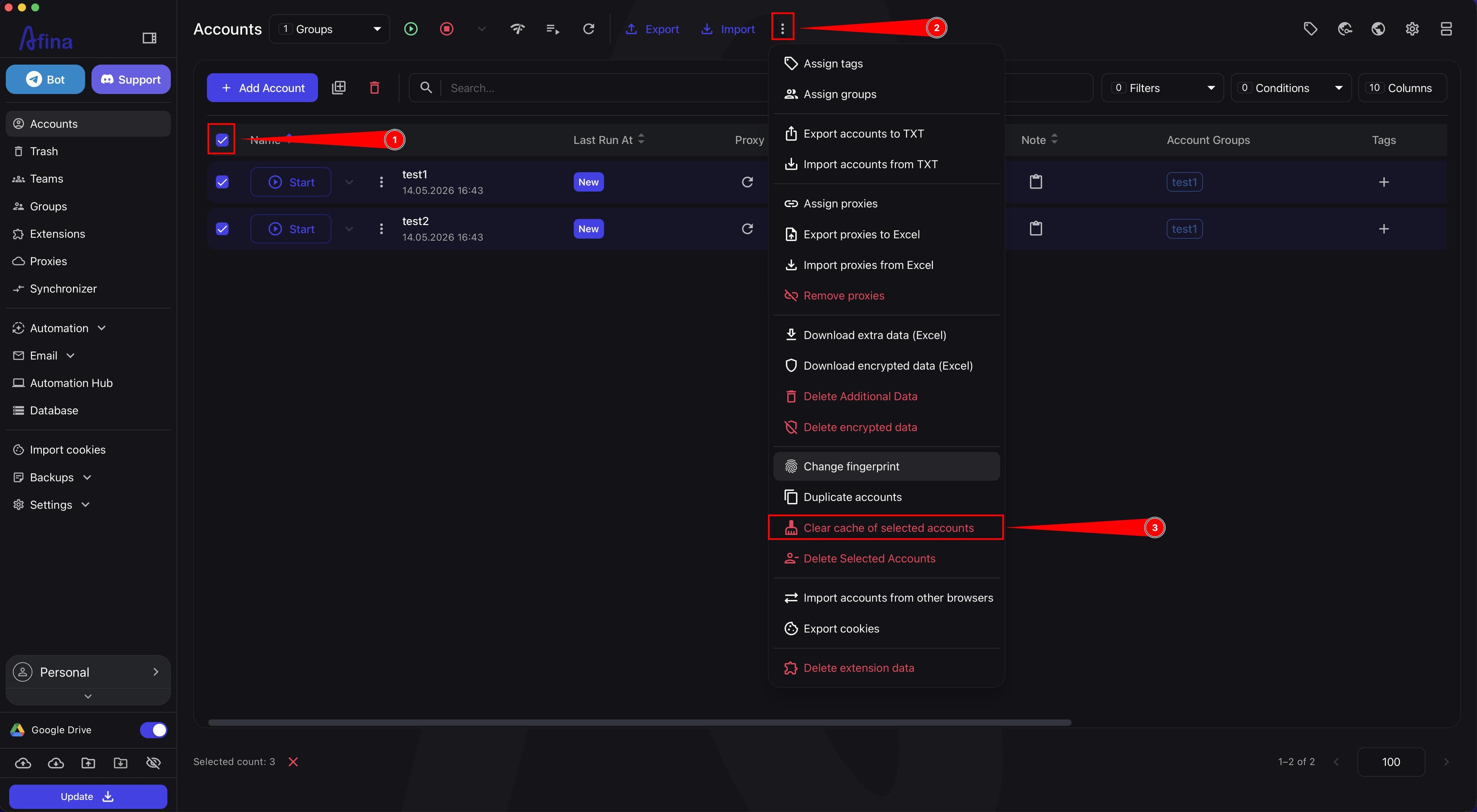 Clearing cache for selected accounts through the actions menu before moving the folder