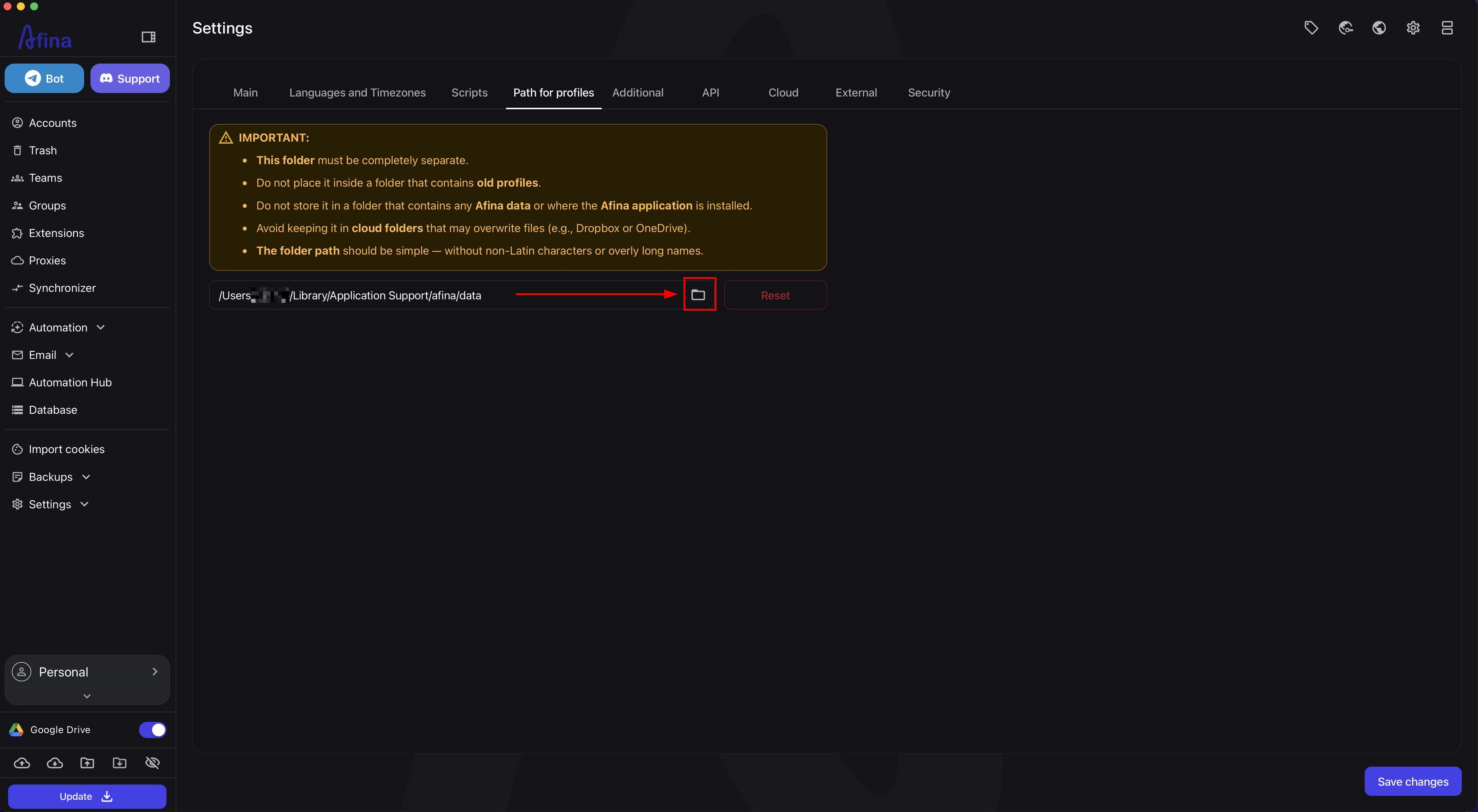Button for selecting a new folder next to the path field in the Path for profiles tab