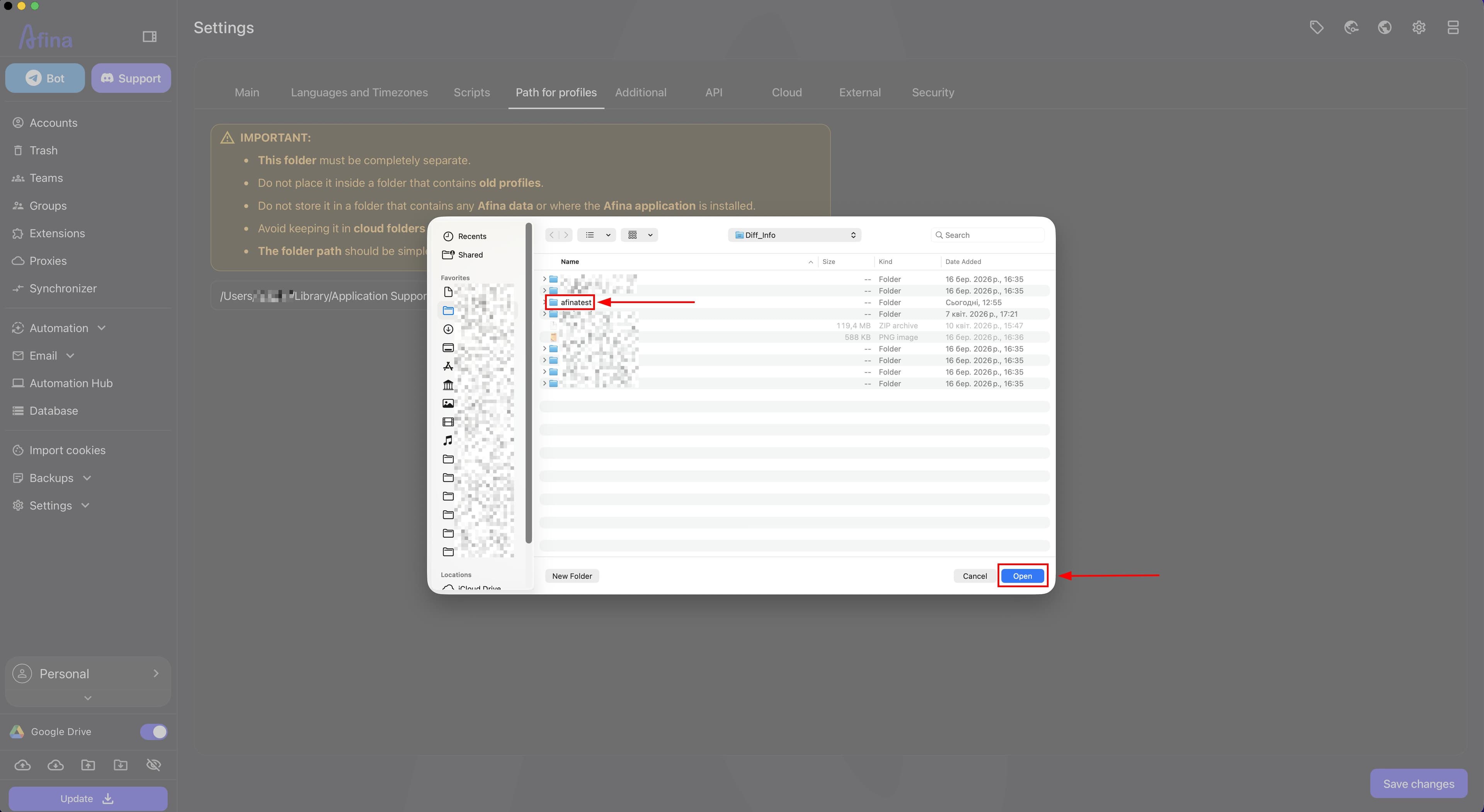 Folder selection window in macOS with the new directory selected and confirmation using the Open button