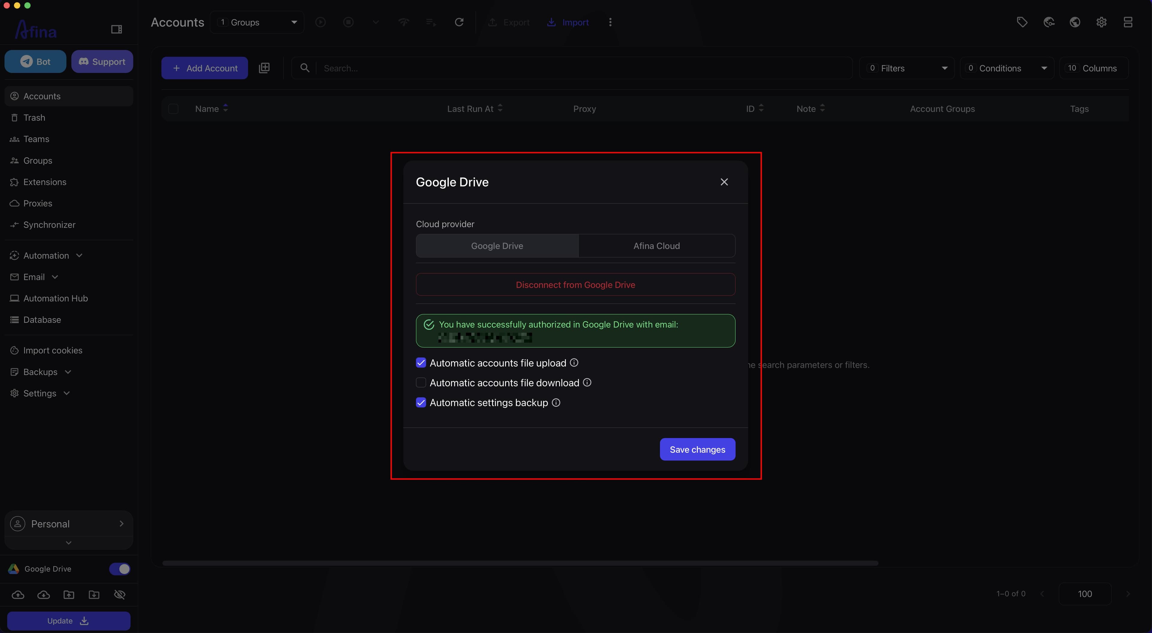 Controls in the Google Drive section