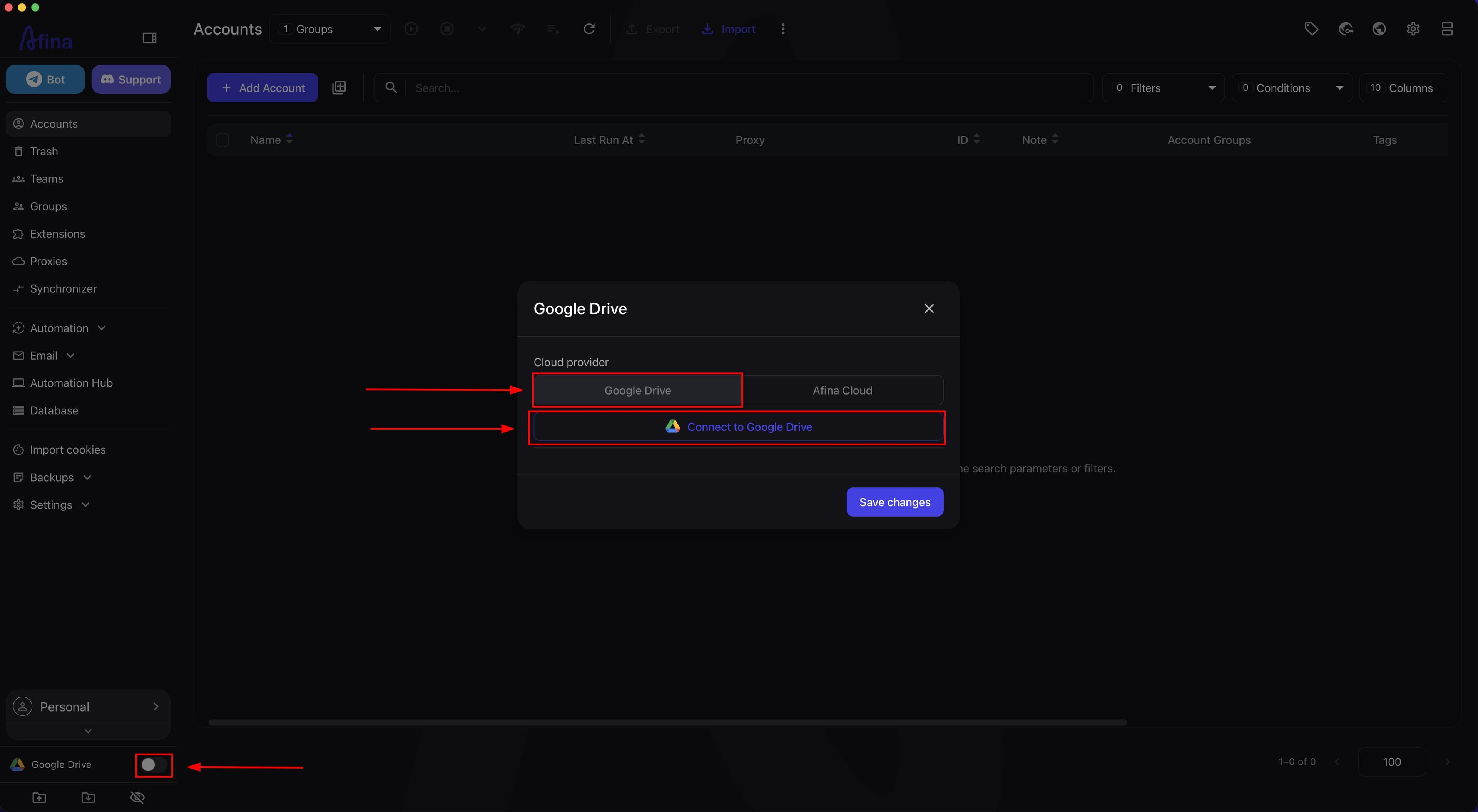 Button for connecting to Google Drive in Afina settings