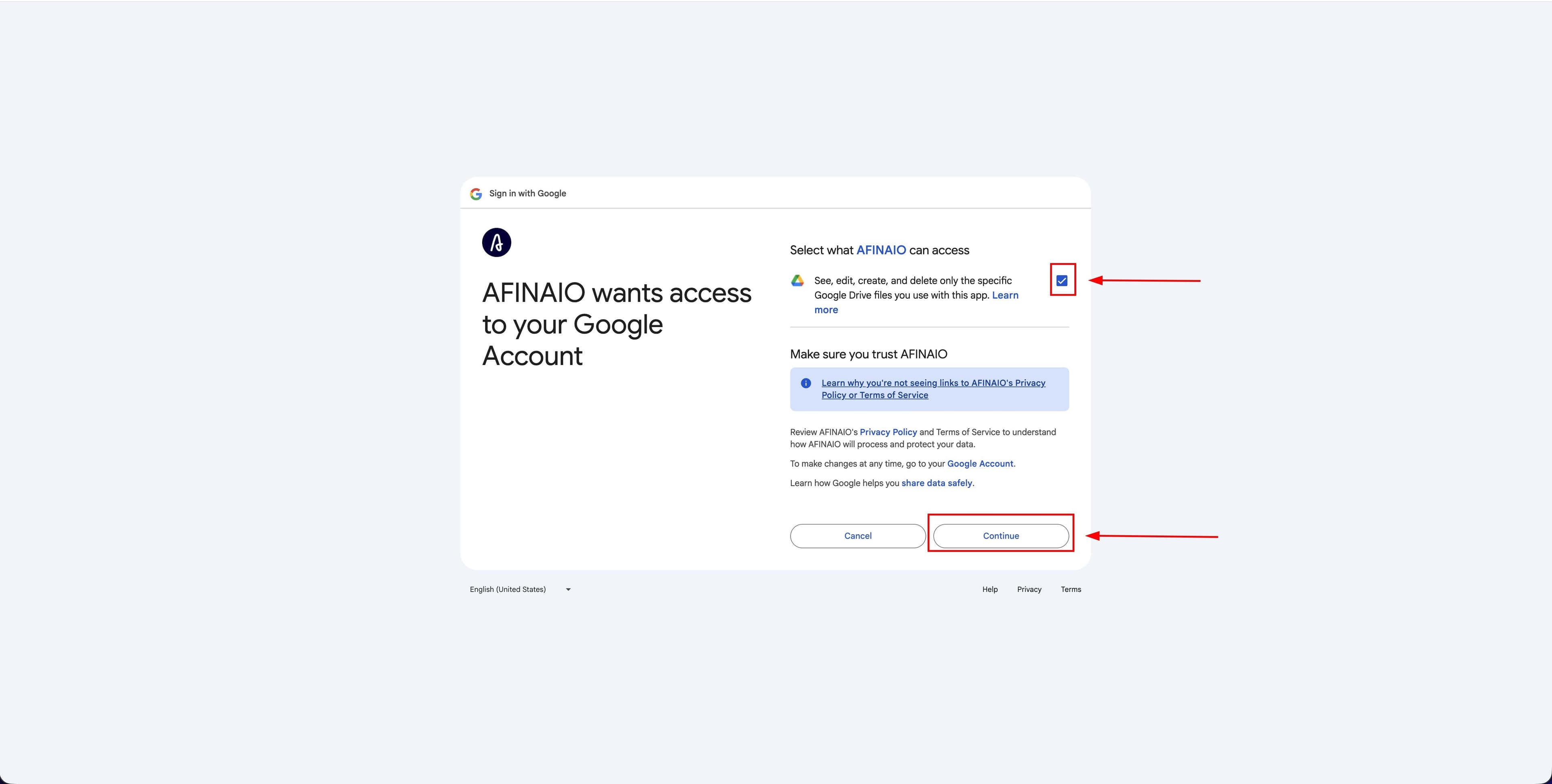Permissions screen when connecting Google Drive