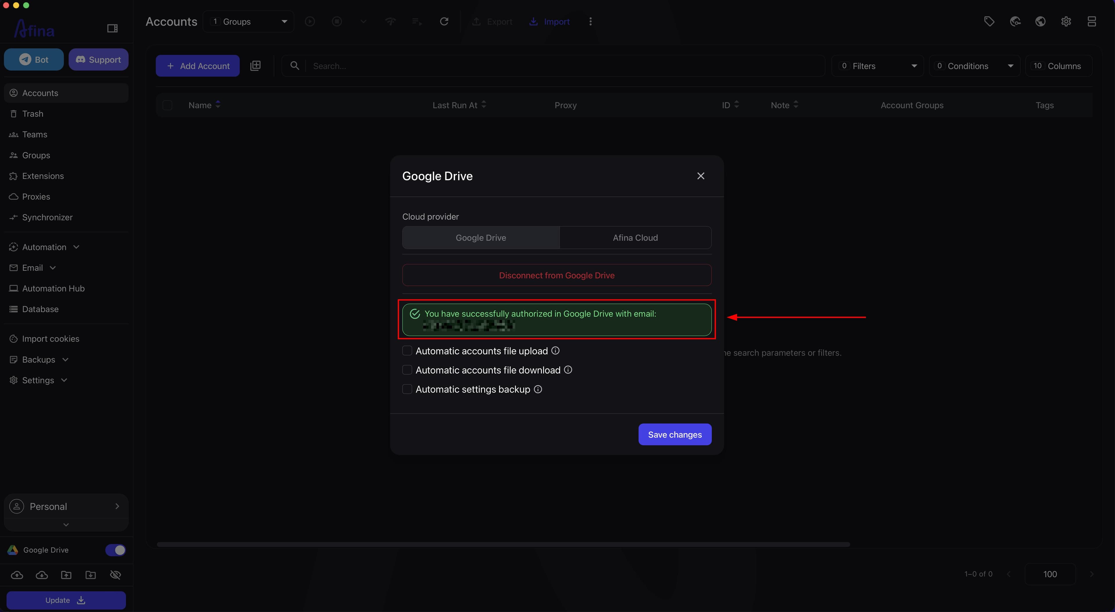 Successful Google Drive connection confirmation in Afina