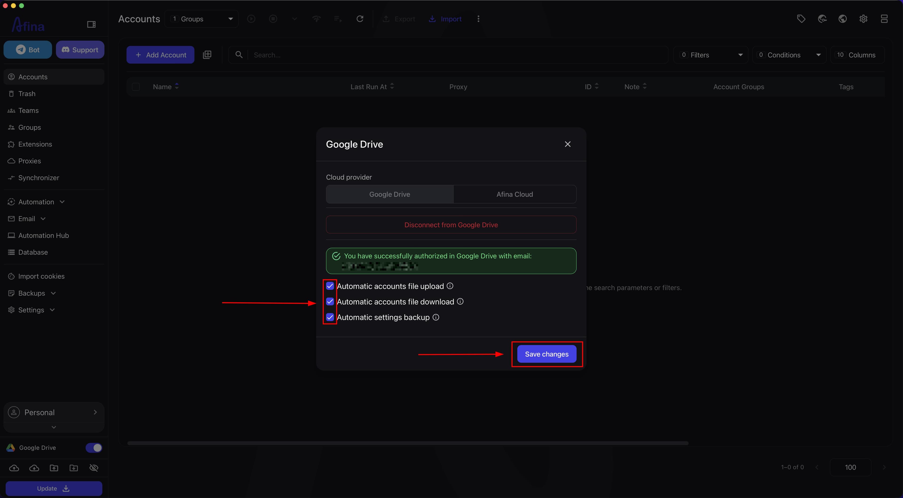 Save changes button in the Google Drive section