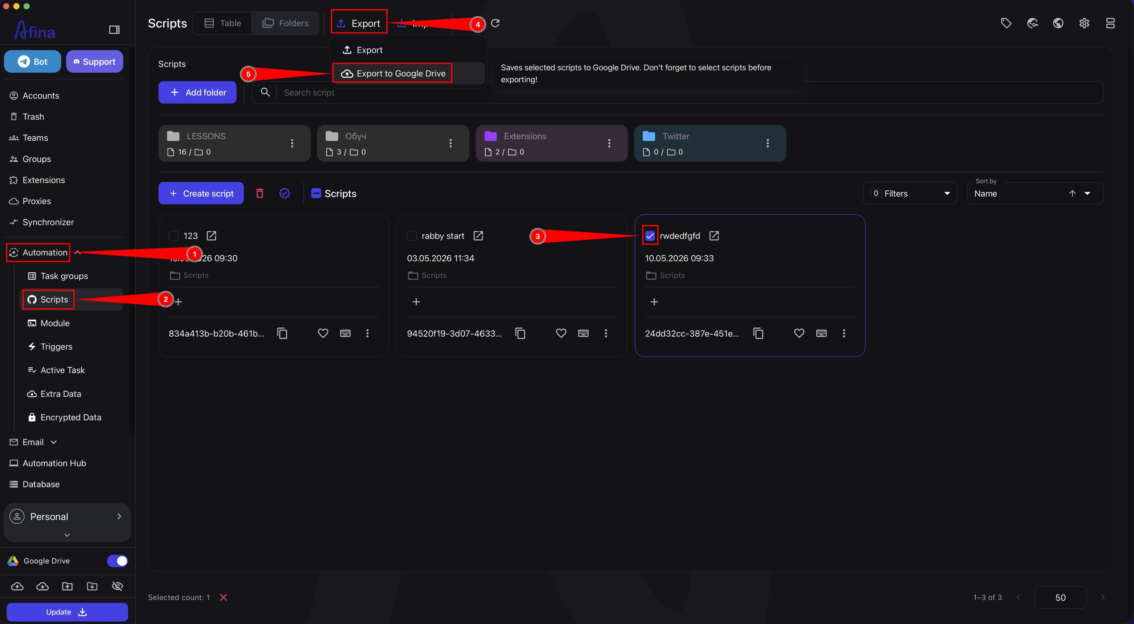 Exporting scripts to Google Drive from the Automation section