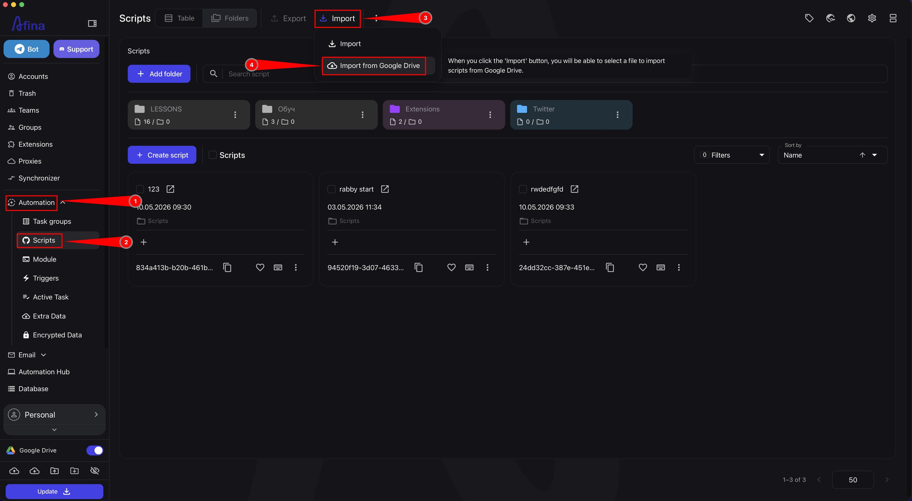 Button for importing scripts from Google Drive