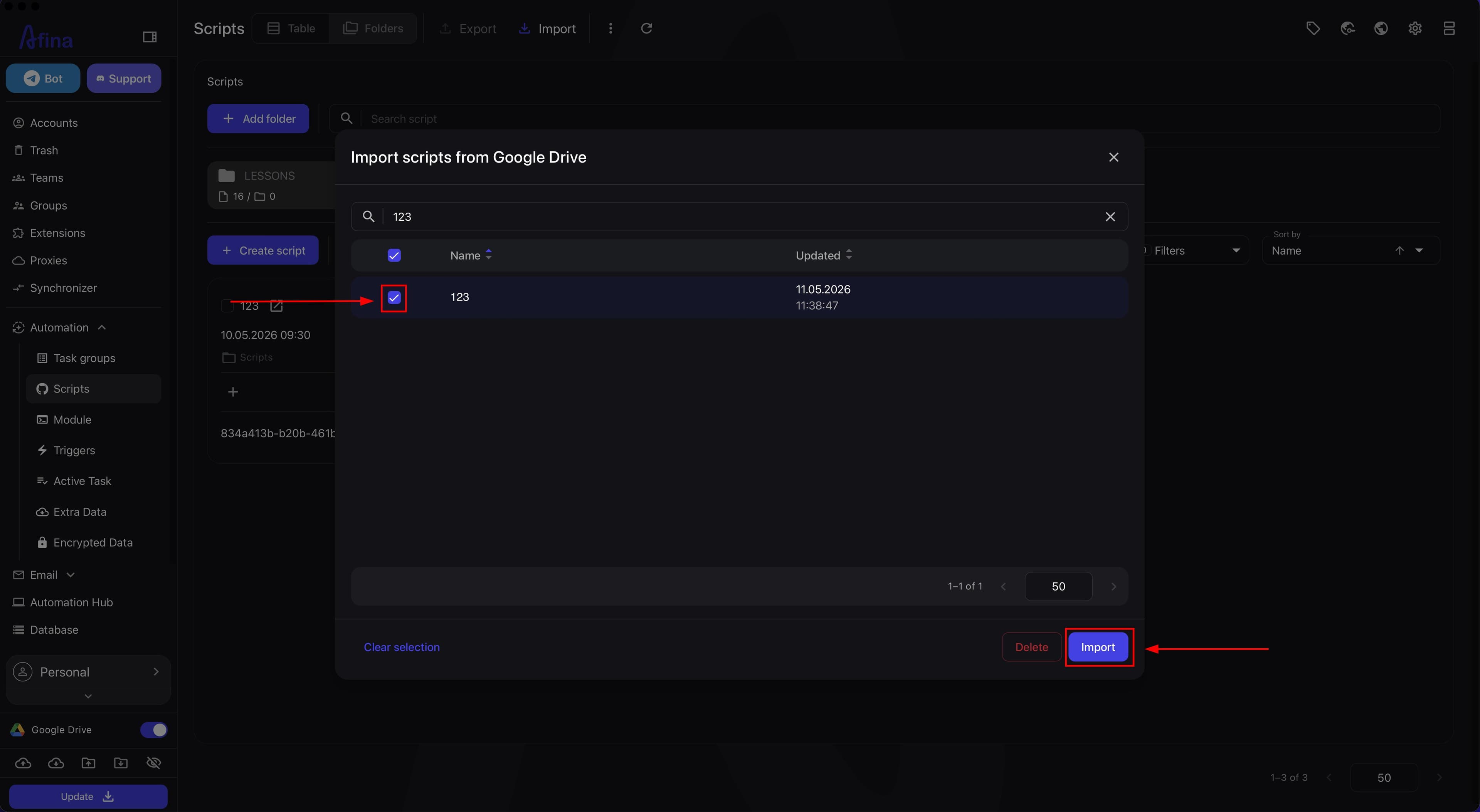 Selecting a script to import from Google Drive