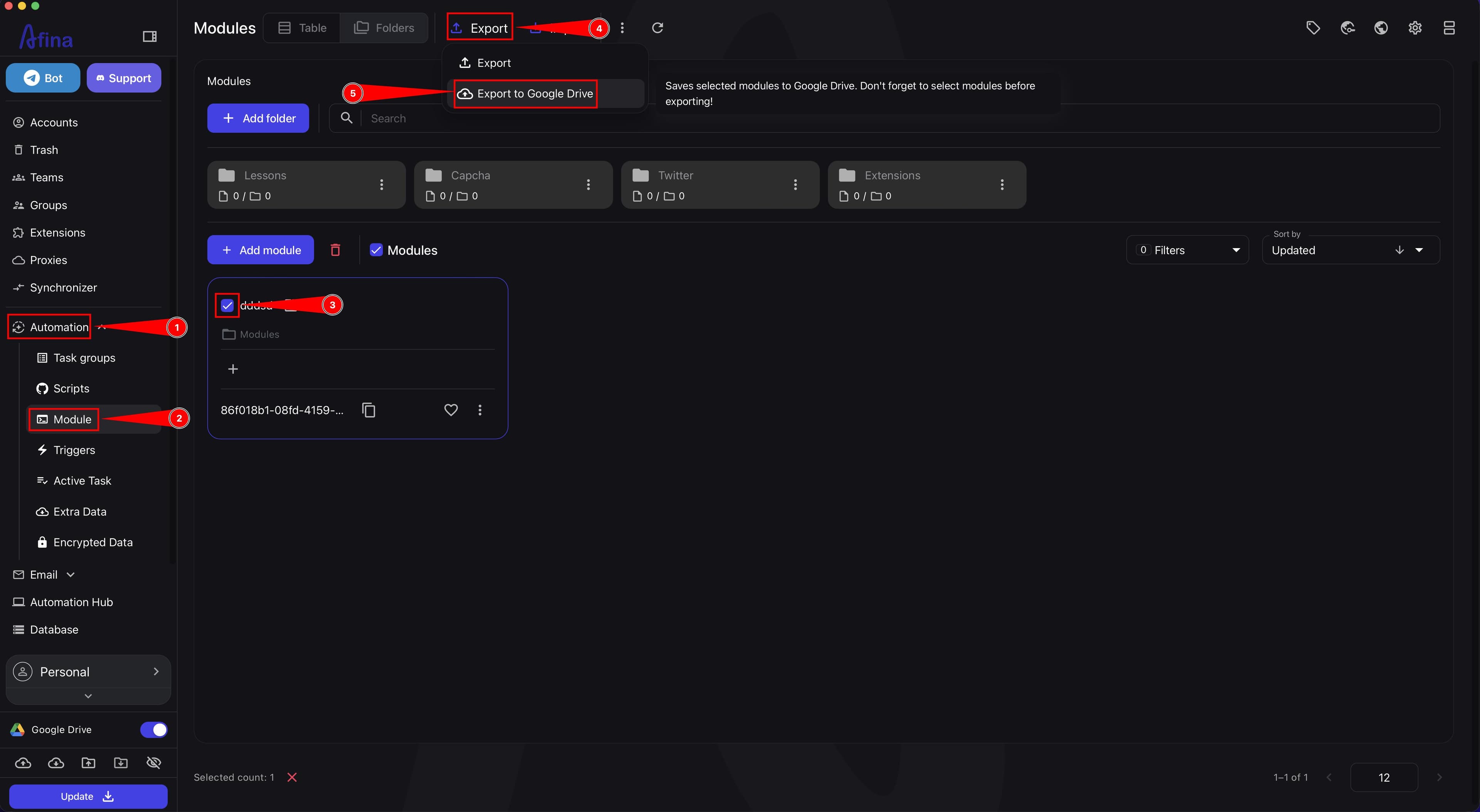 Exporting modules to Google Drive from the Automation section