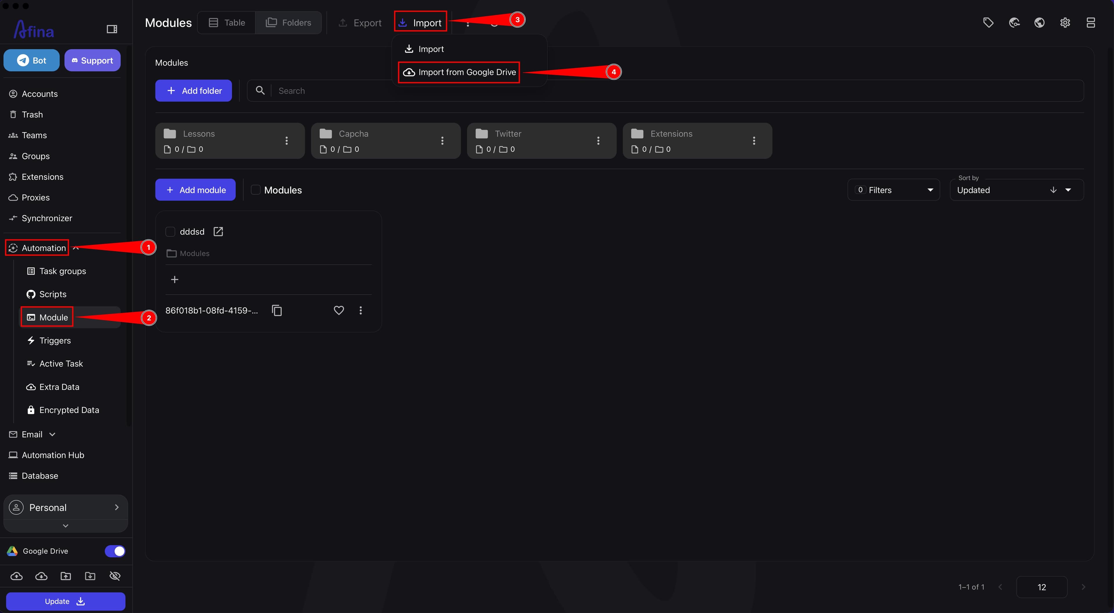 Button for importing modules from Google Drive