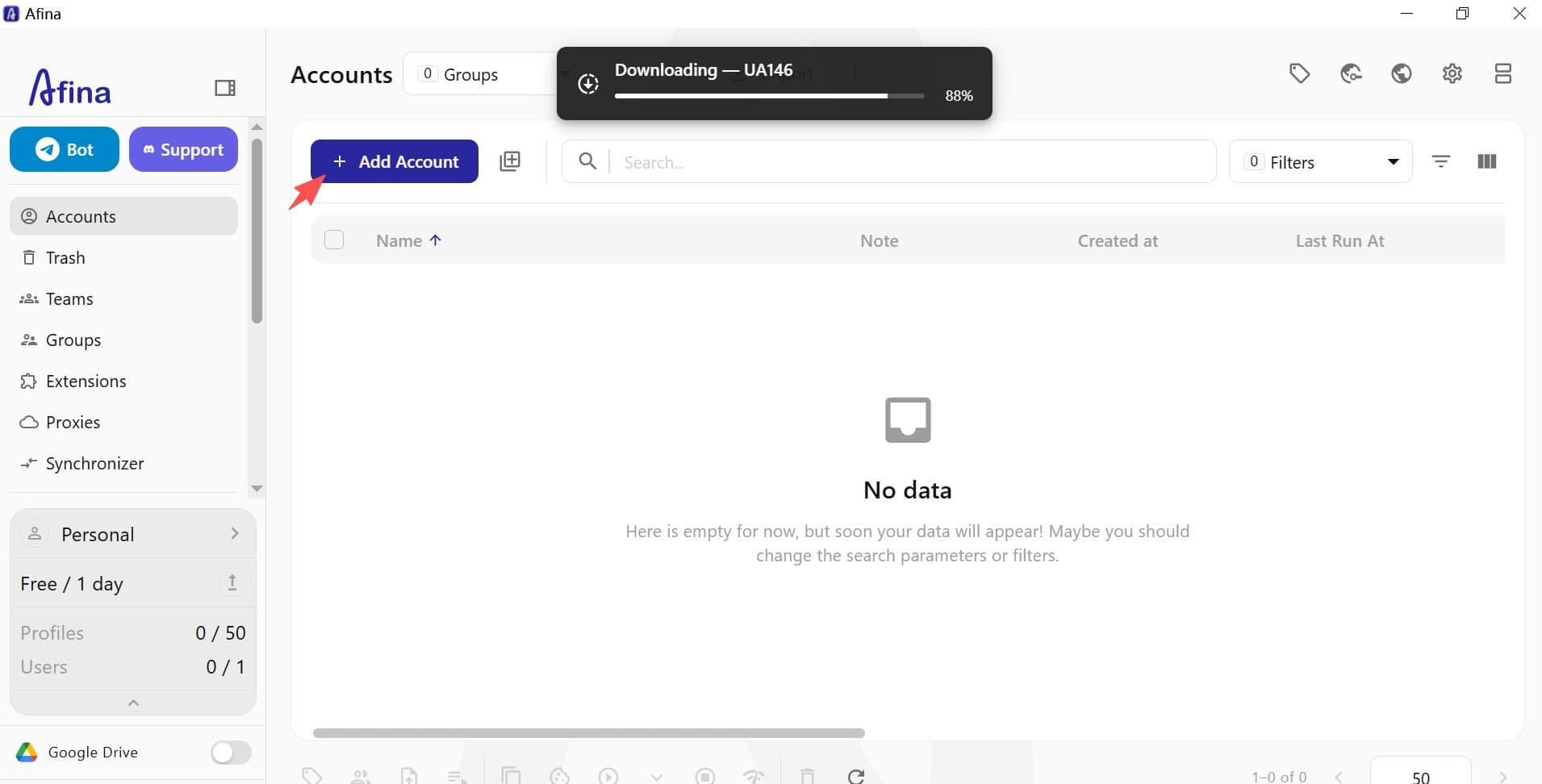 Создание нового профиля в Afina Browser