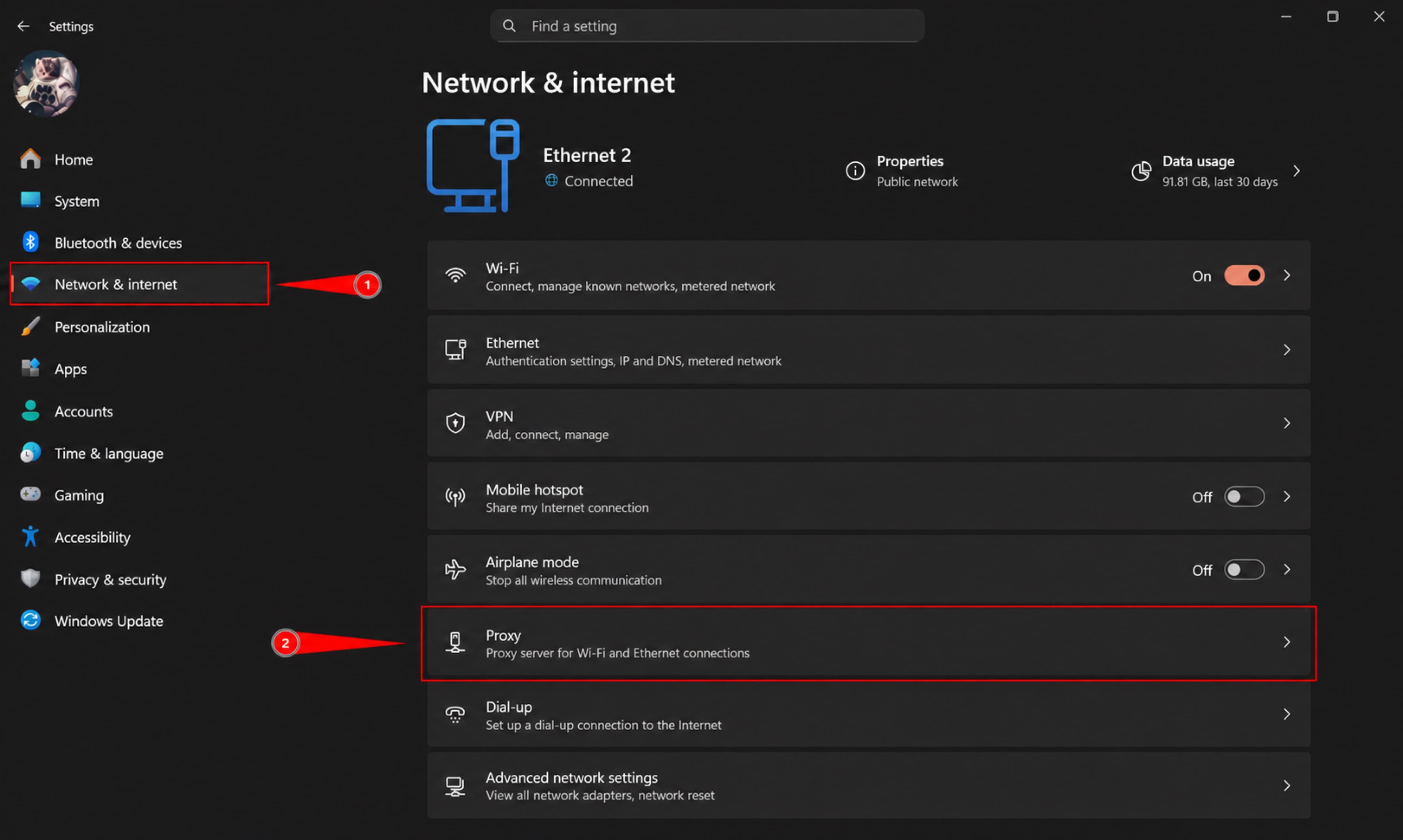Proxy page in Windows settings