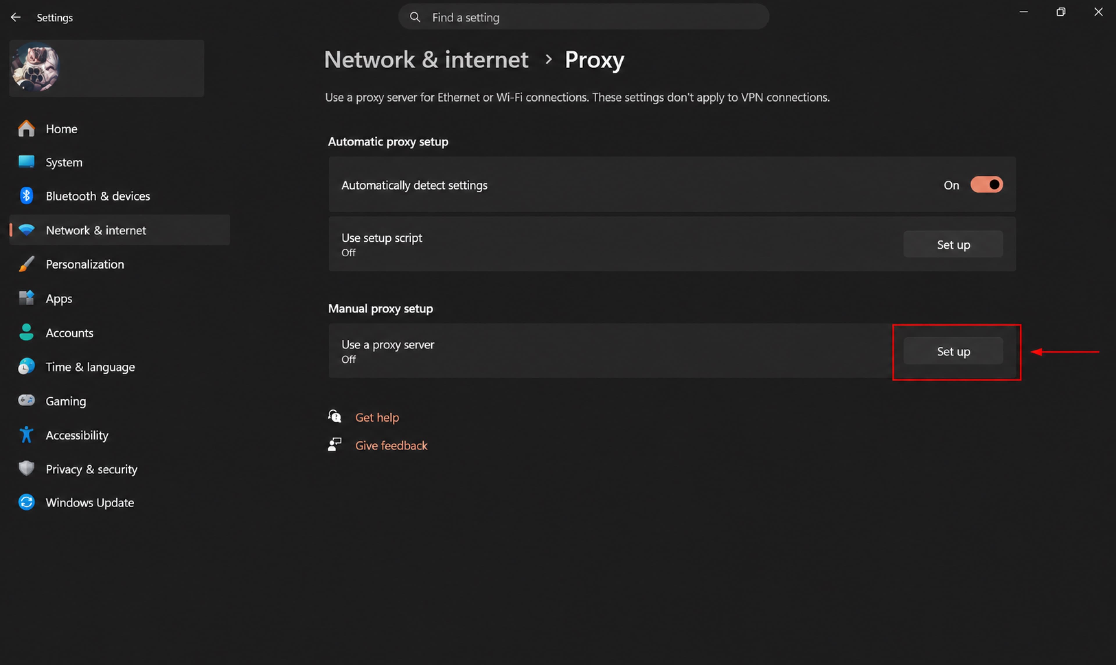 Set up button for a manual proxy server in Windows