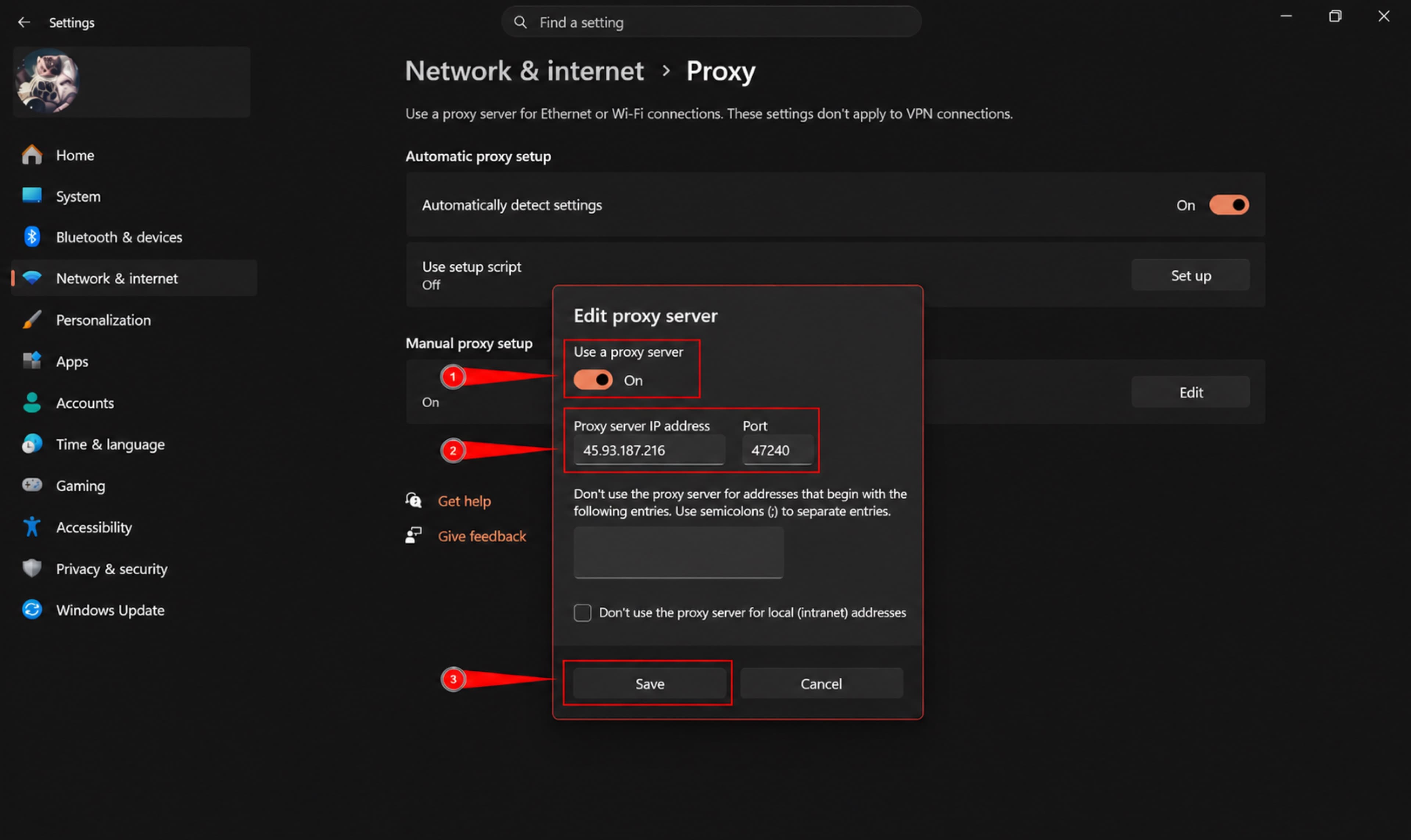 Proxy server address and port fields in Windows