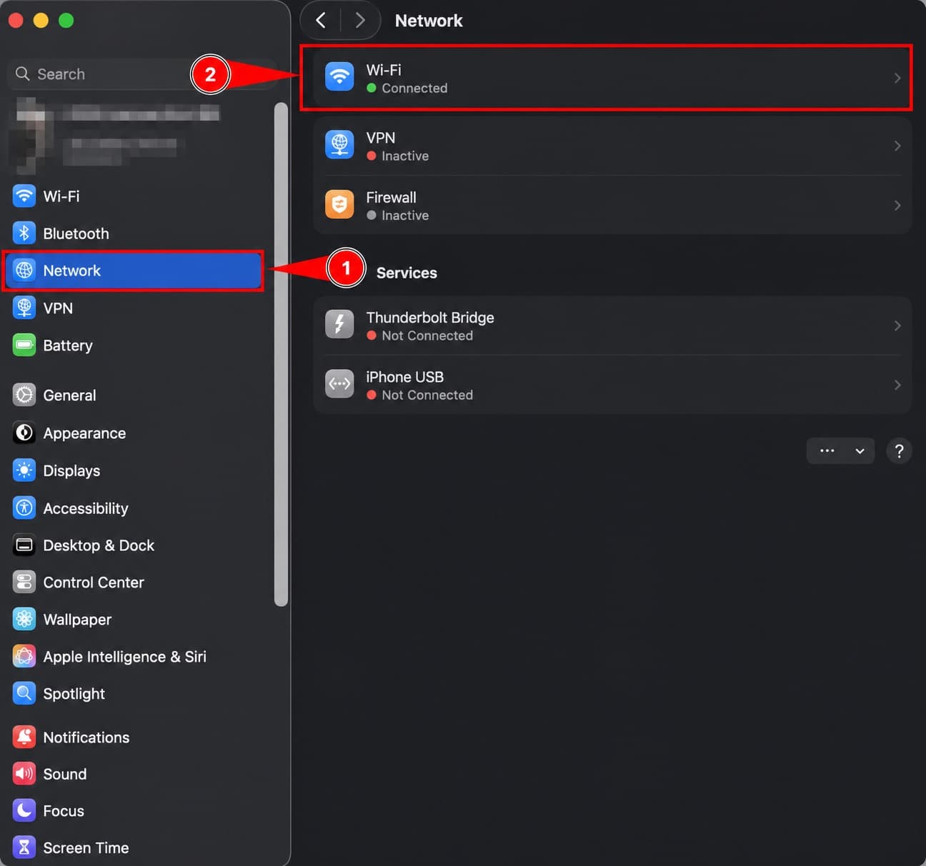 Selecting the Network section in macOS system settings