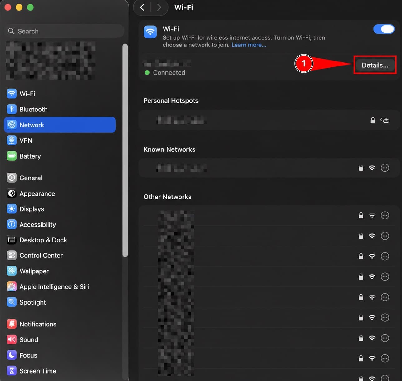 Details button for a network service in macOS
