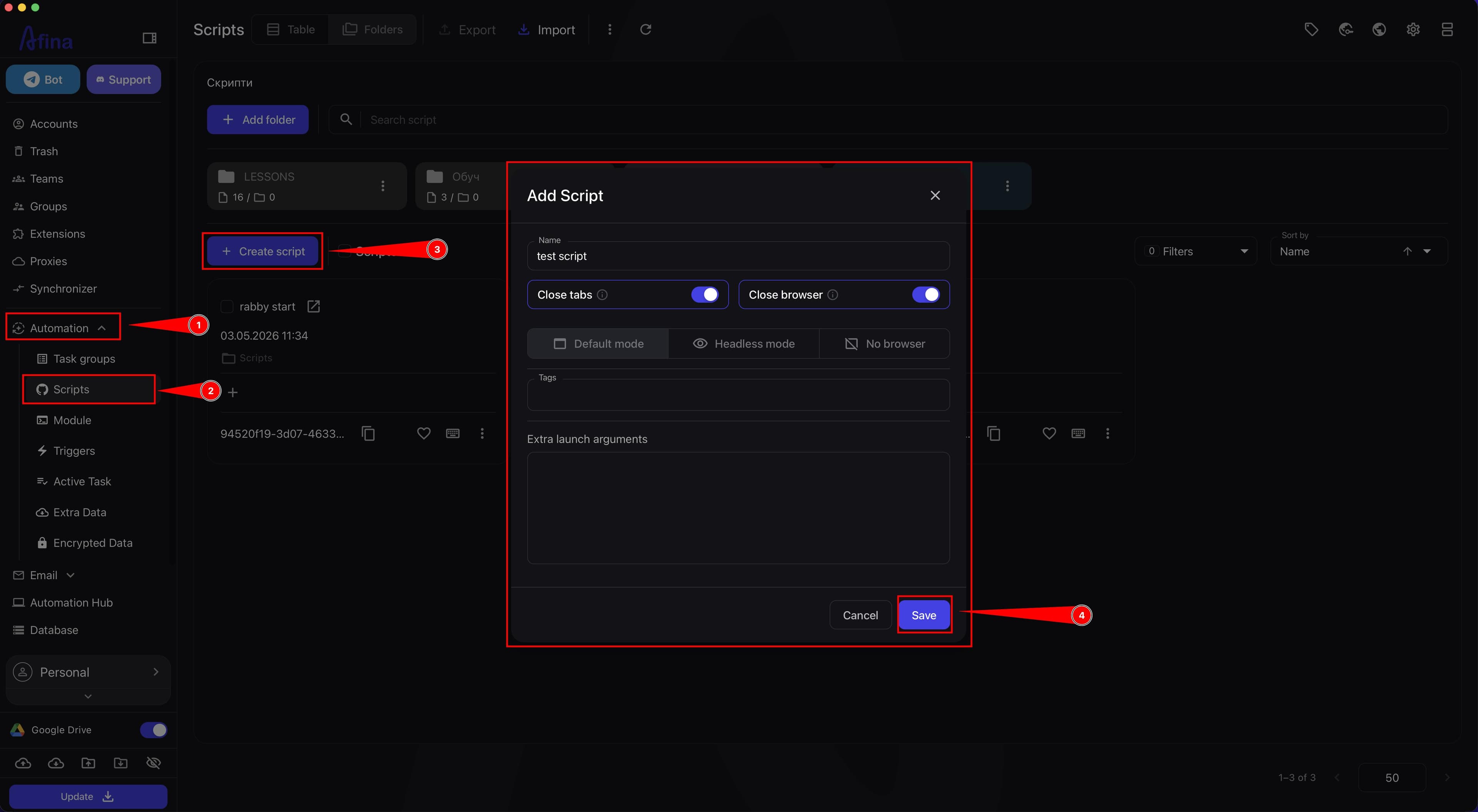 Scripts section with the Create script button and the open Add Script window