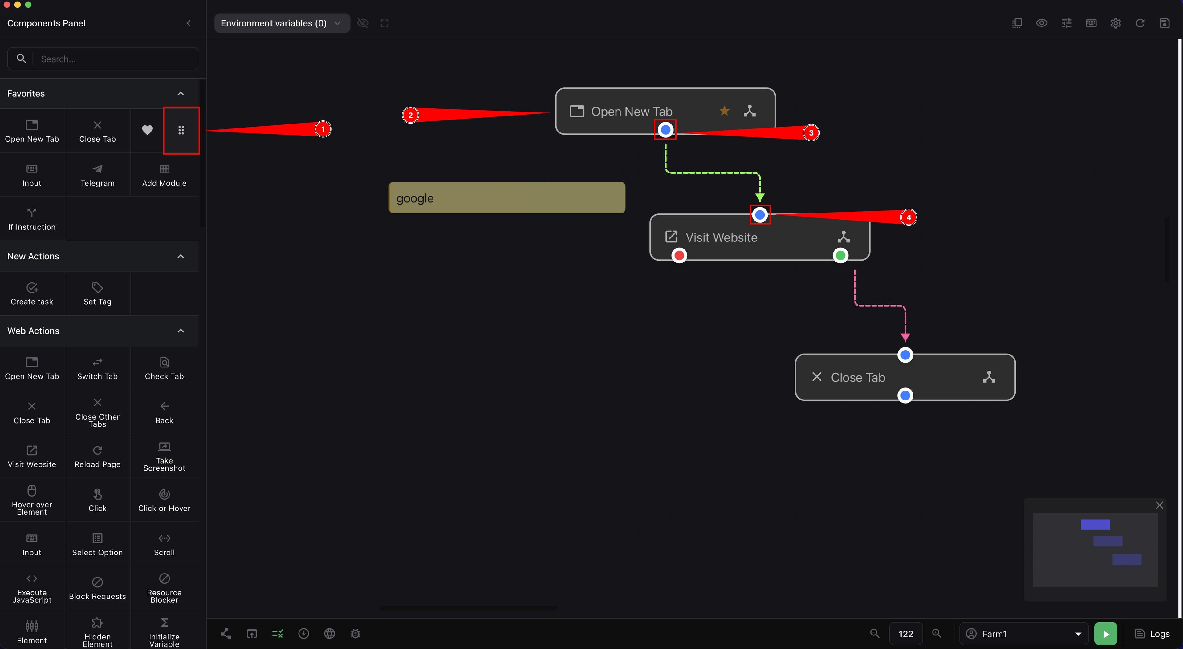 Builder canvas with three connected blocks for opening a tab navigating to a site and closing a tab