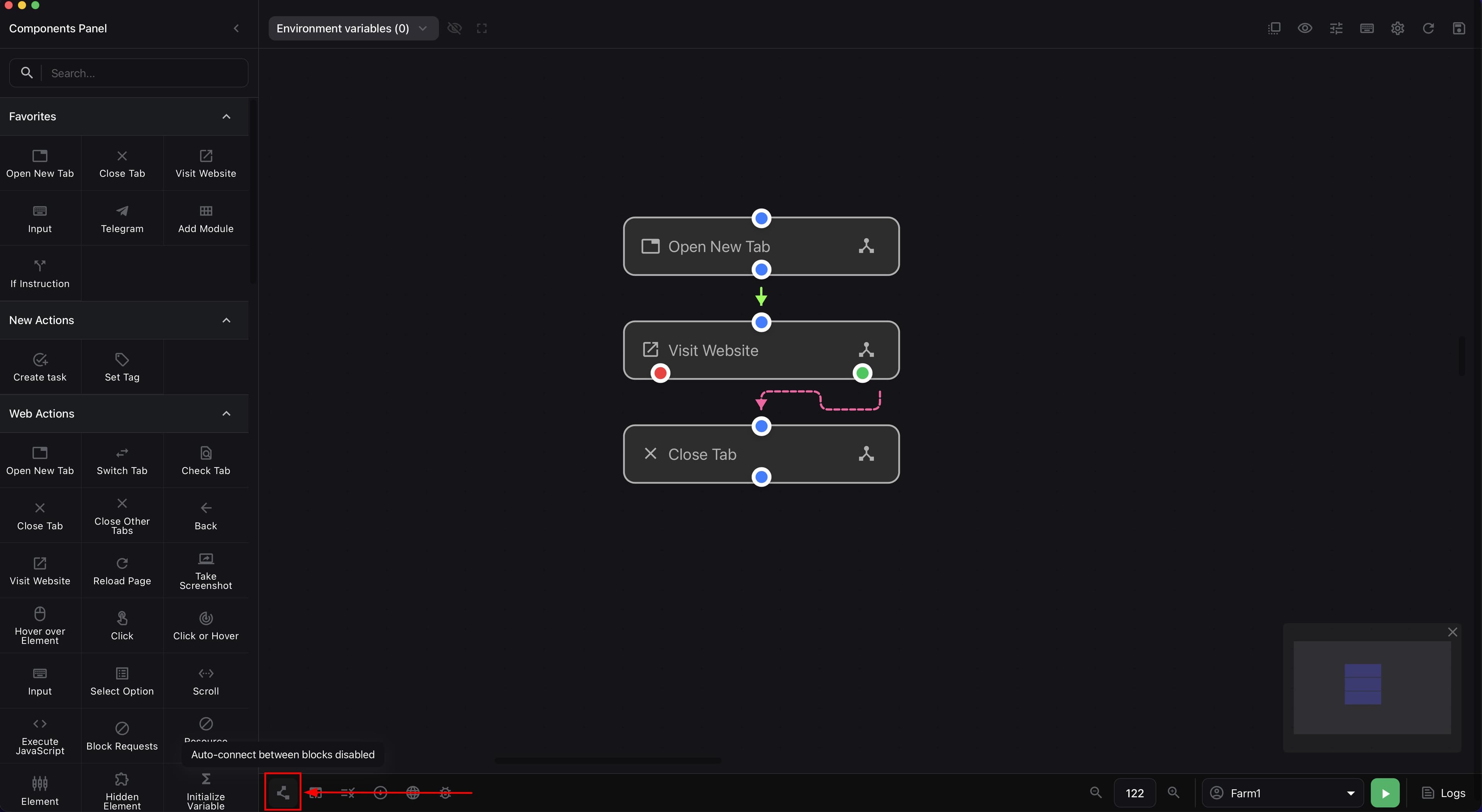 Lower builder panel with the Auto-connect button and a state change message