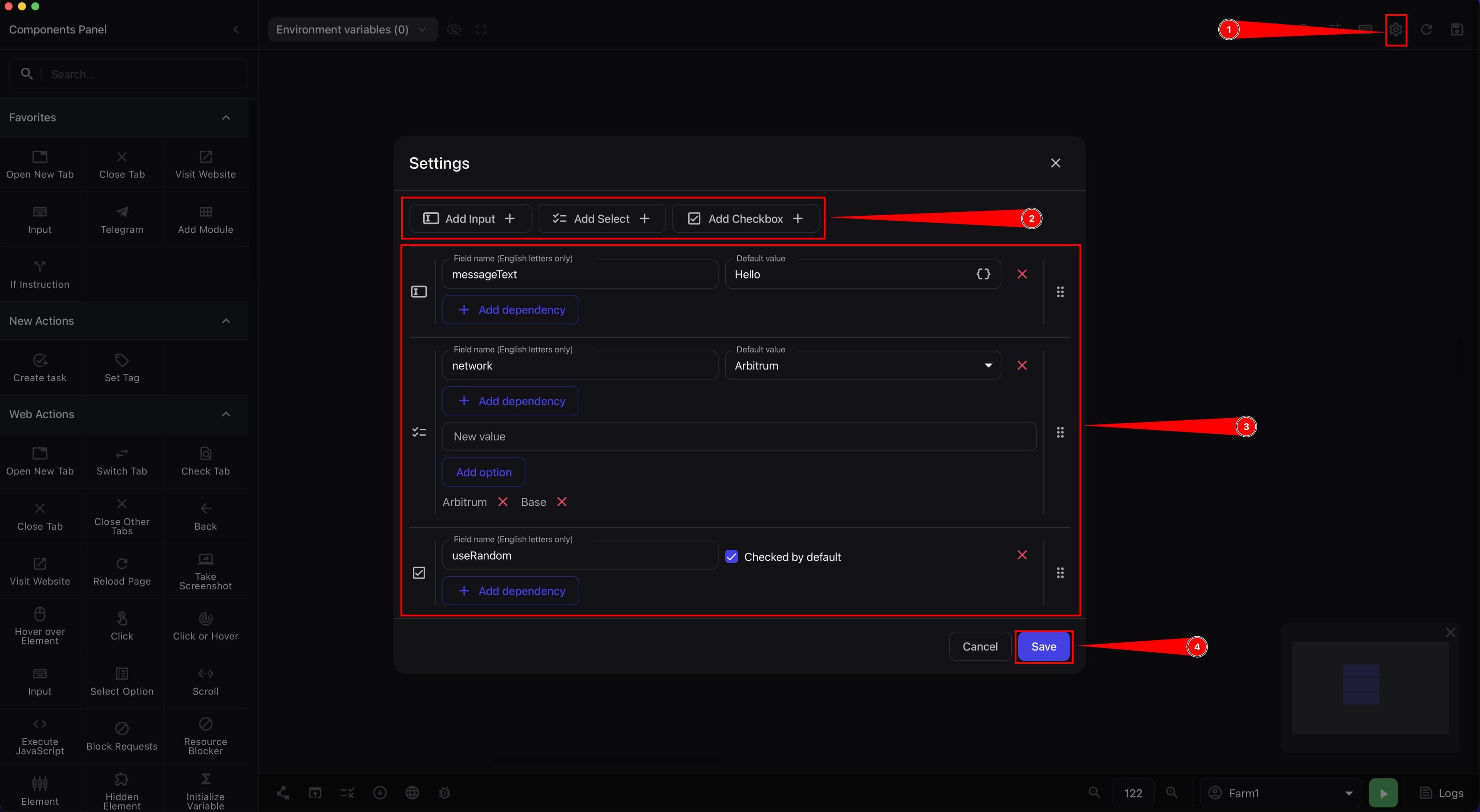 Settings window with buttons for adding Input Select and Checkbox and examples of filled fields