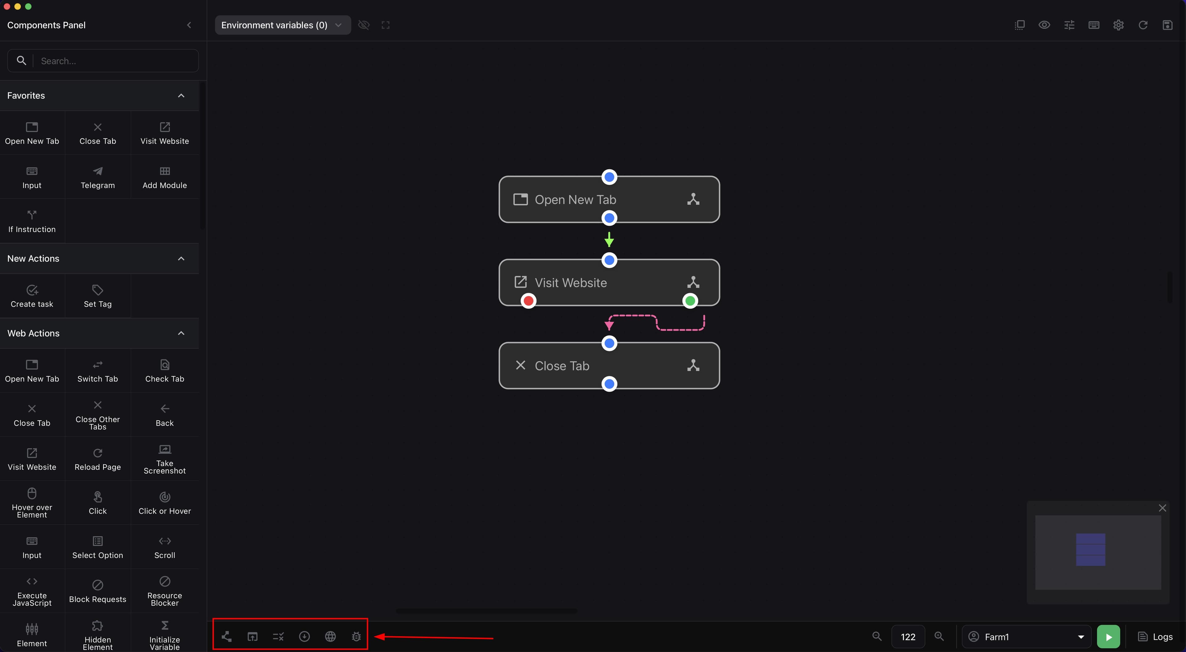 Lower builder panel with testing modes green launch button and selected account