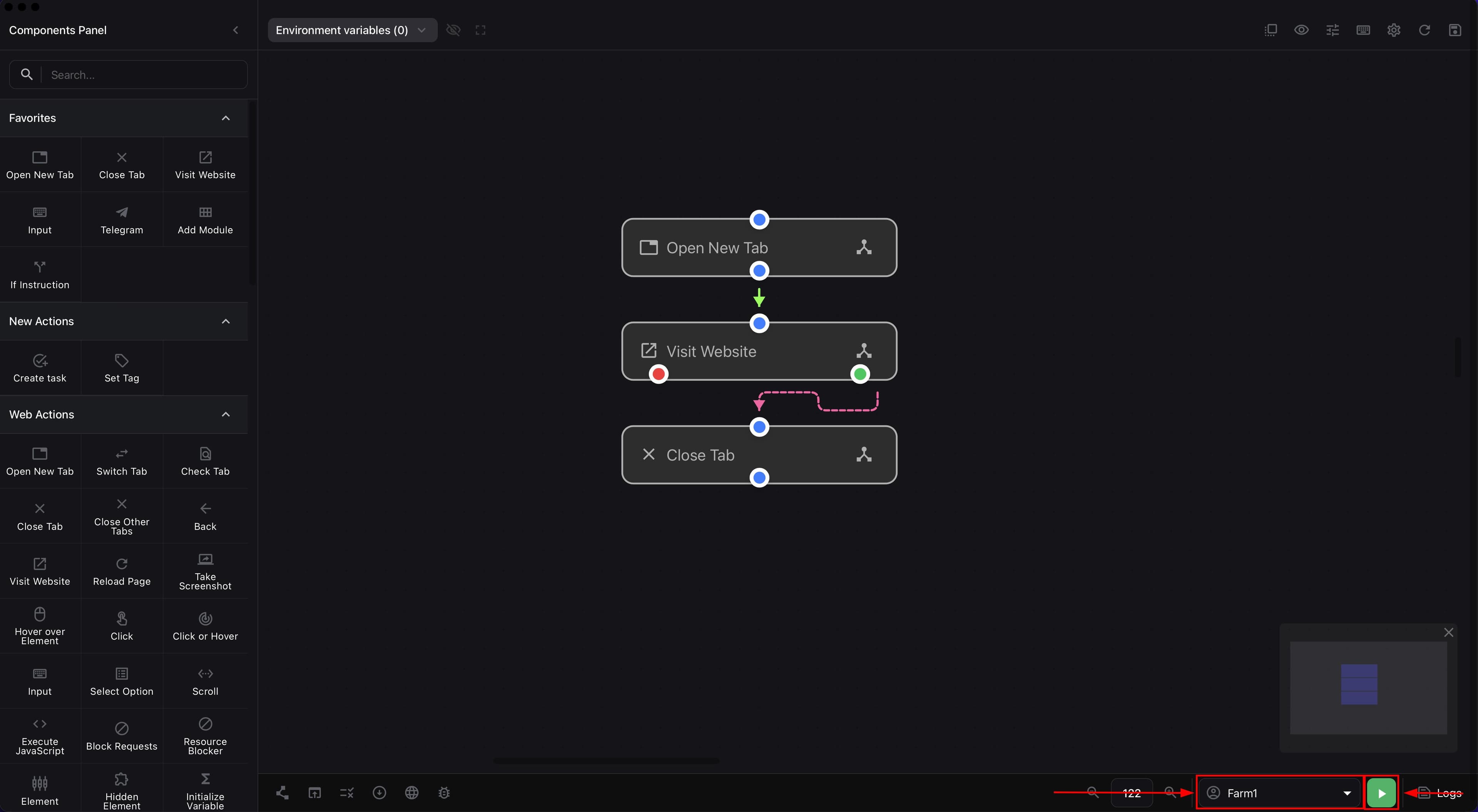 Lower-right part of the builder with account selection launch button and Logs button
