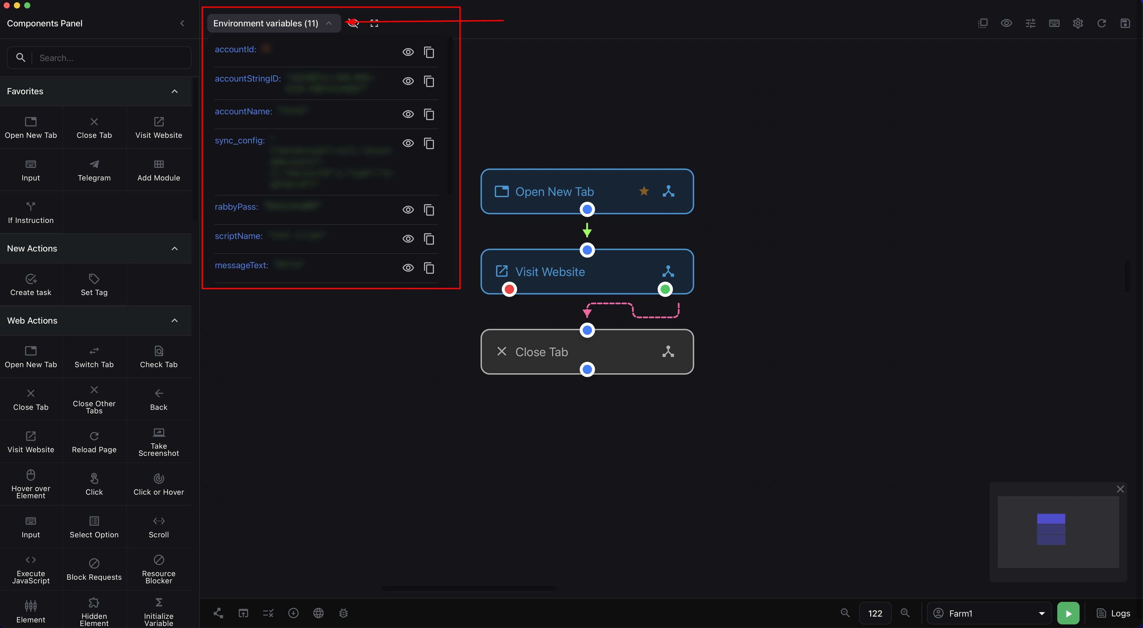 Open Environment variables panel with a list of variables show value buttons and copy buttons