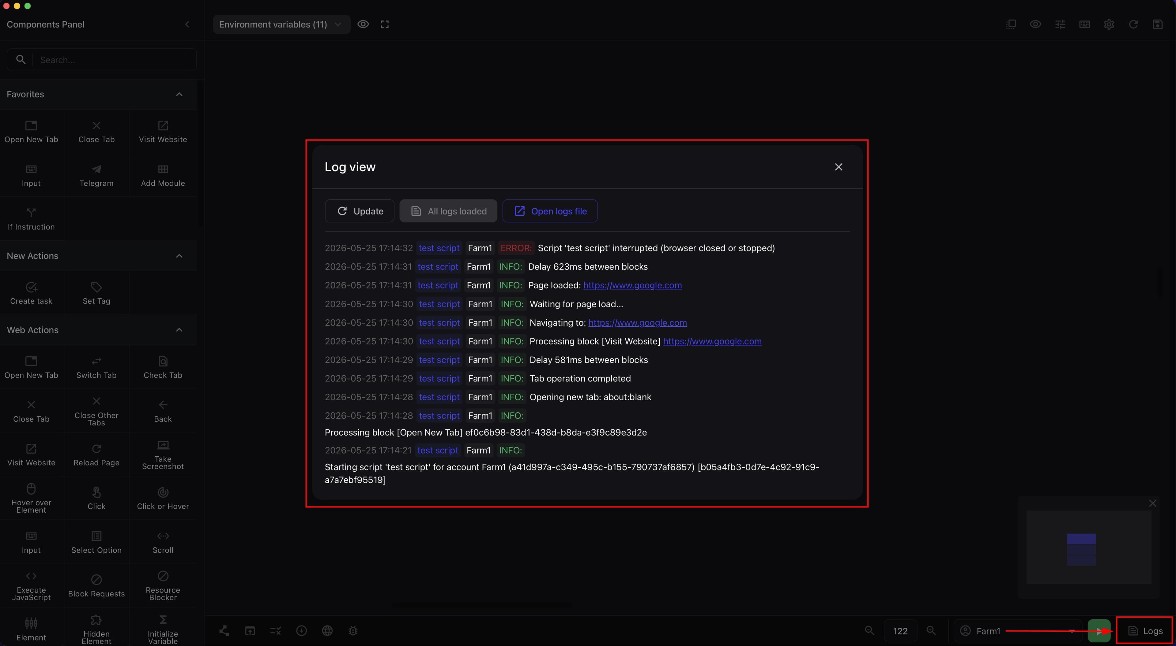 View script execution logs window with execution records and the Open logs file button