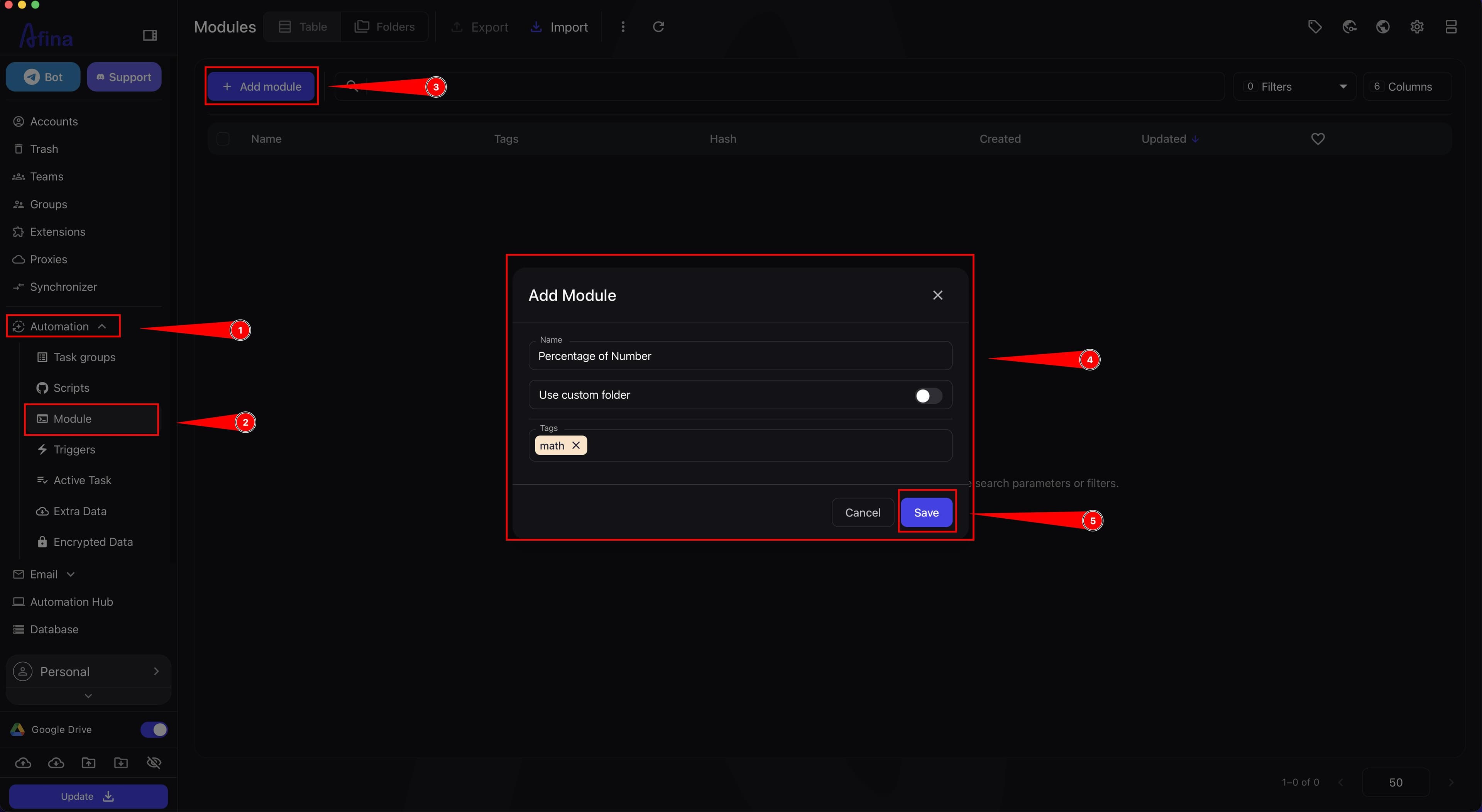 Add module window with name and tag fields and the custom folder switch