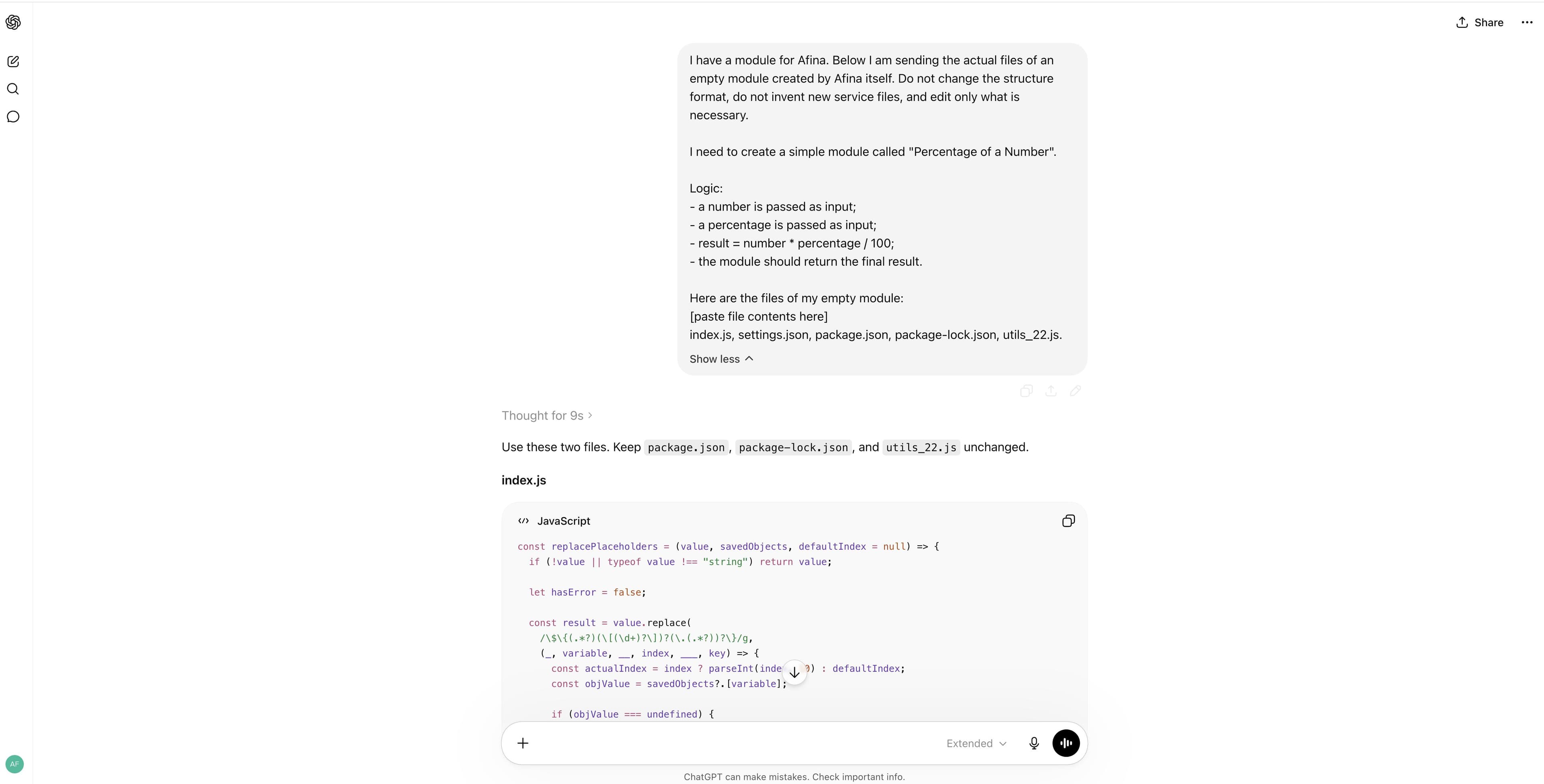 ChatGPT prompt with the module description and attached index.js settings.json package.json package-lock.json and utils_22.js files