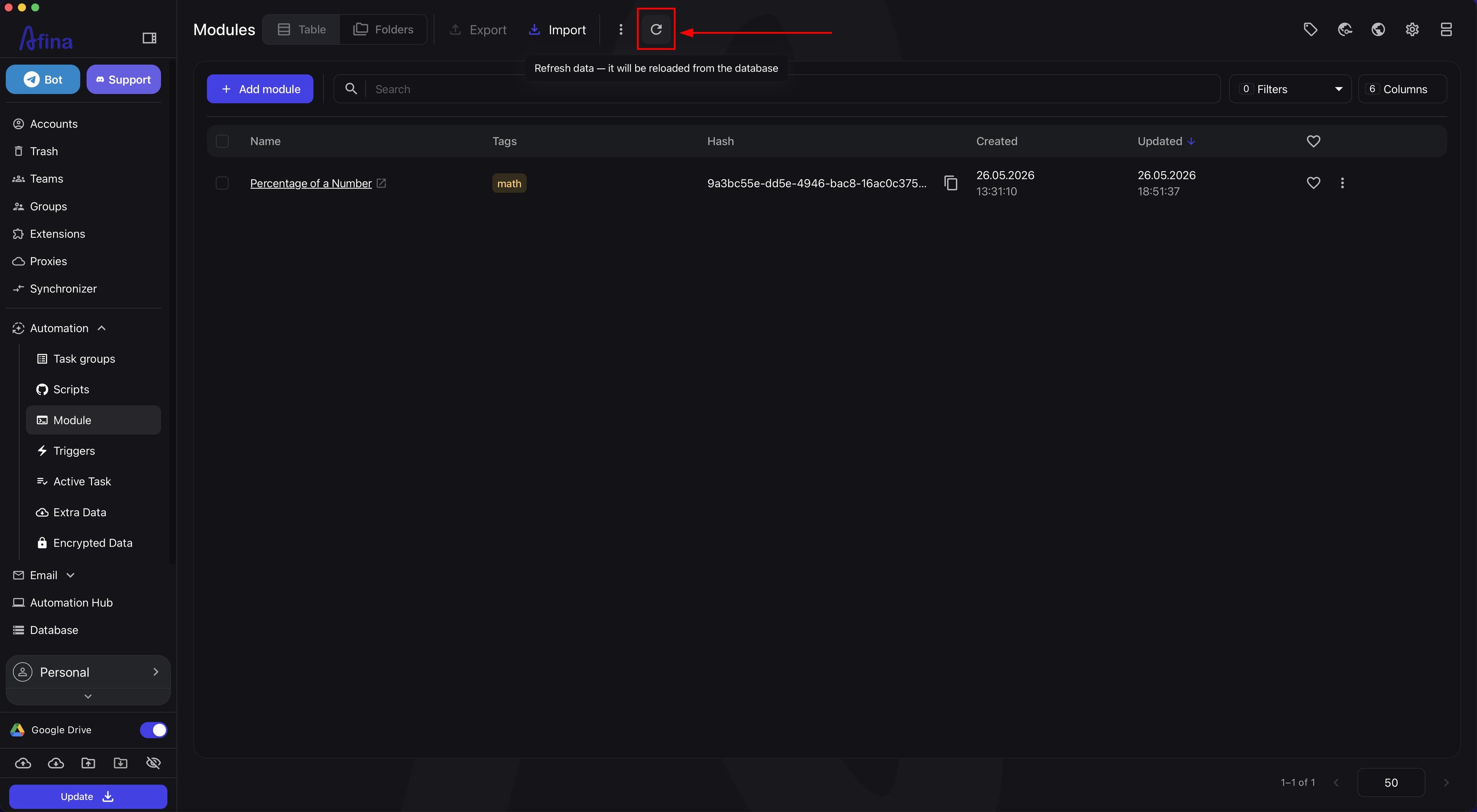 Button for updating the module list in the Modules section