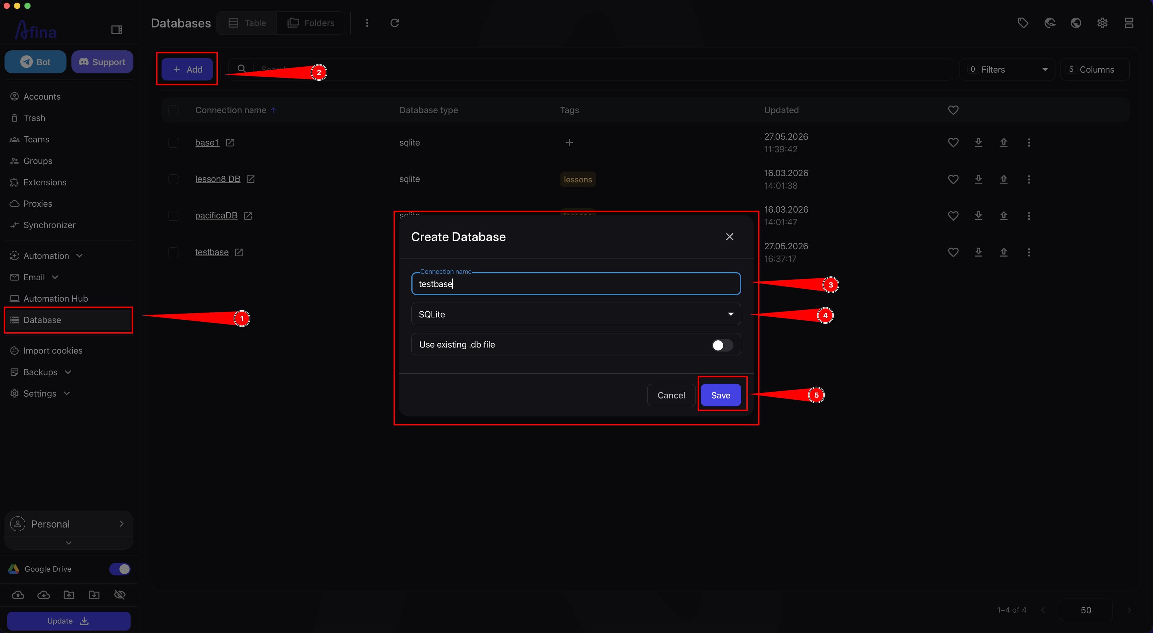 Add button in the Databases section