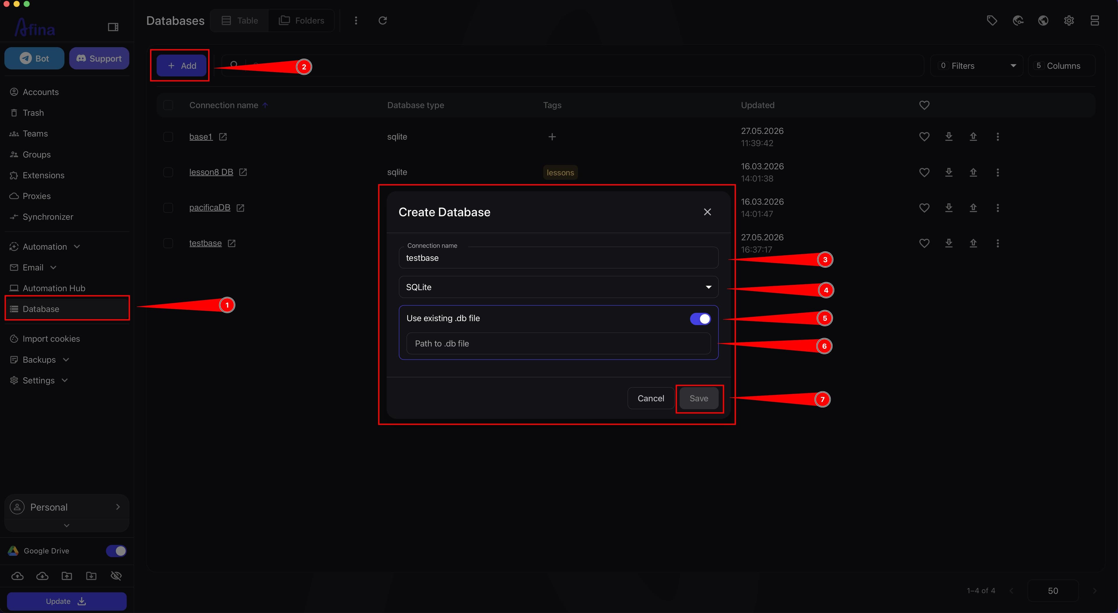 Create Database window with connection name and SQLite type
