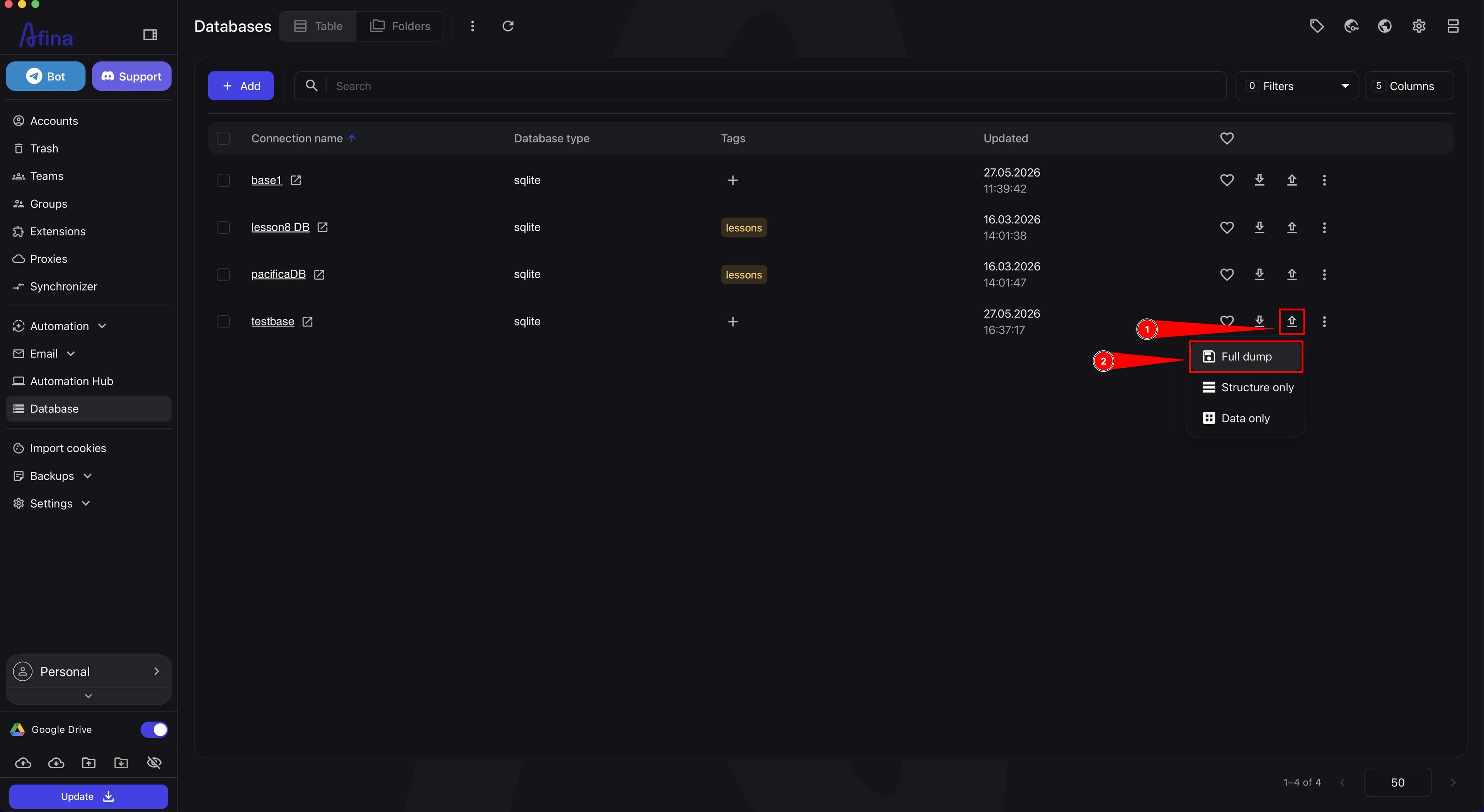 Database export menu with full export schema only or data only options