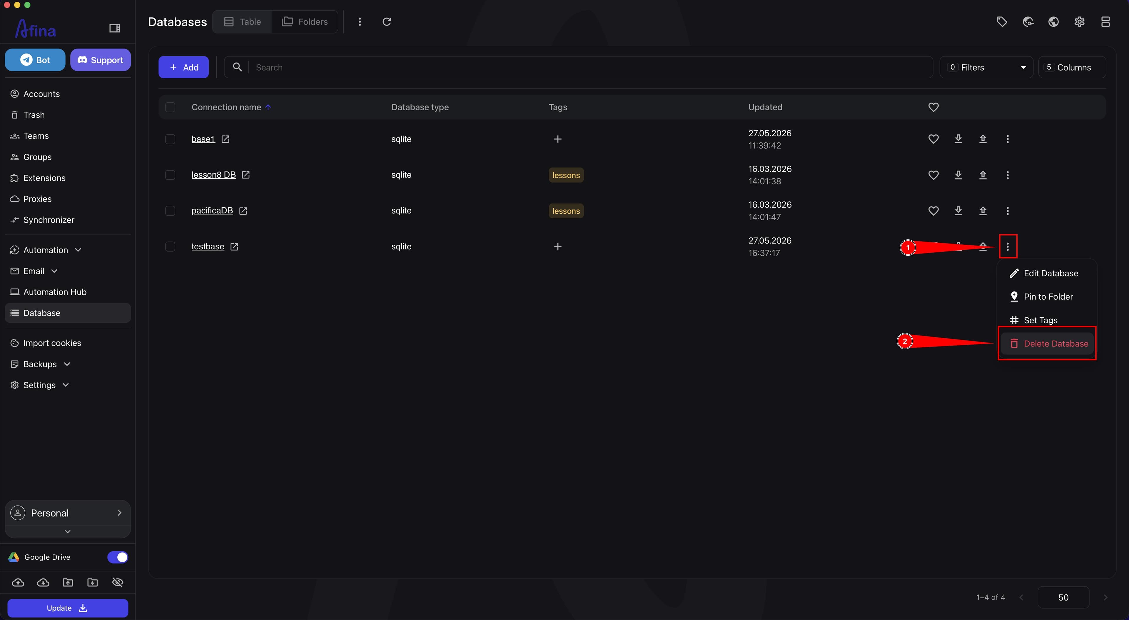 Database action menu with the Delete Database item