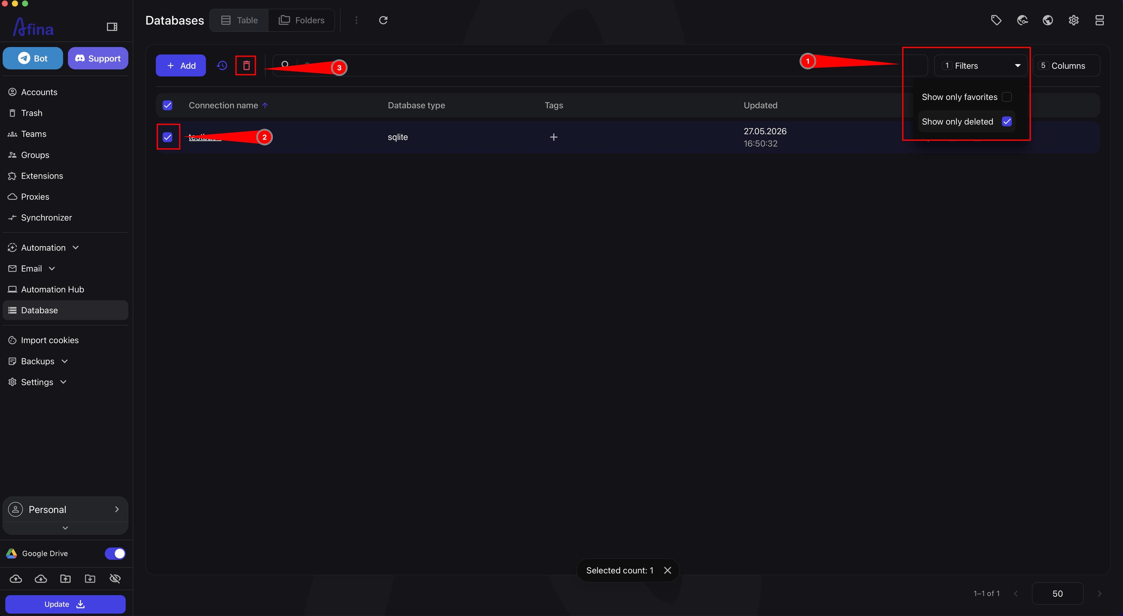 List of deleted databases with the Delete Without Restore action