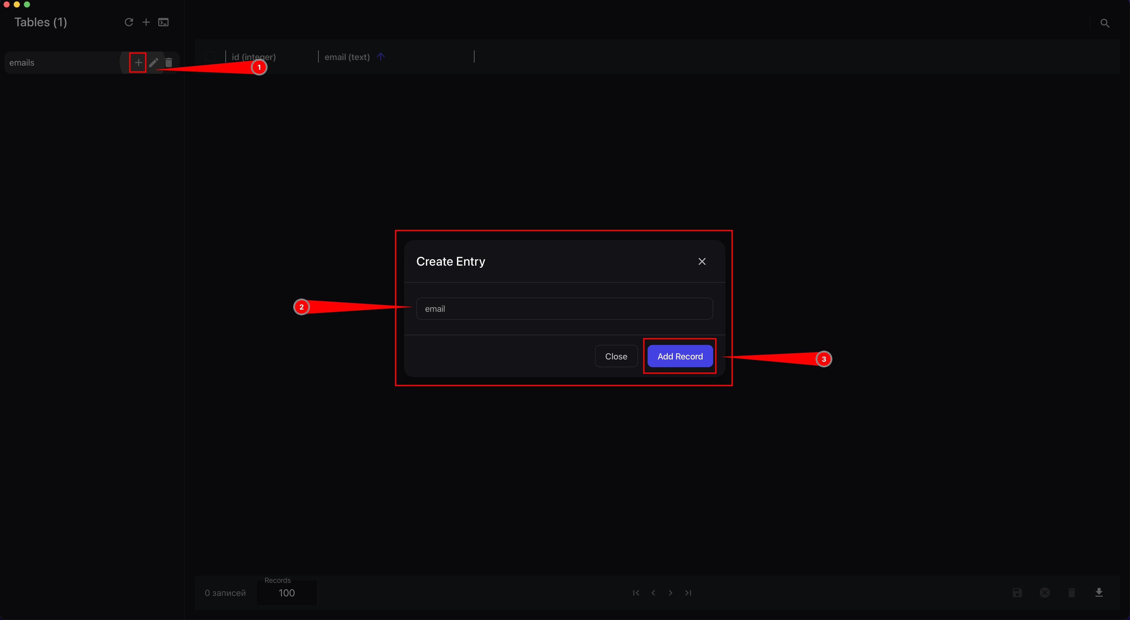 Create Entry window for adding a new row